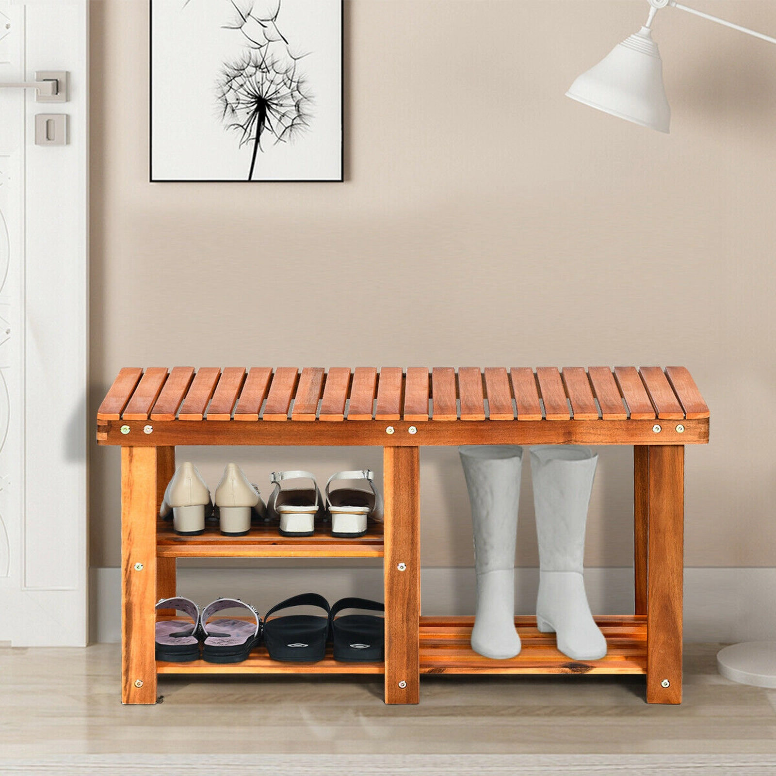 SUGIFT 3-Tier Teak 34-in 350-lb Capacity Freestanding Acacia Wood Shoe Storage Bench with Seat