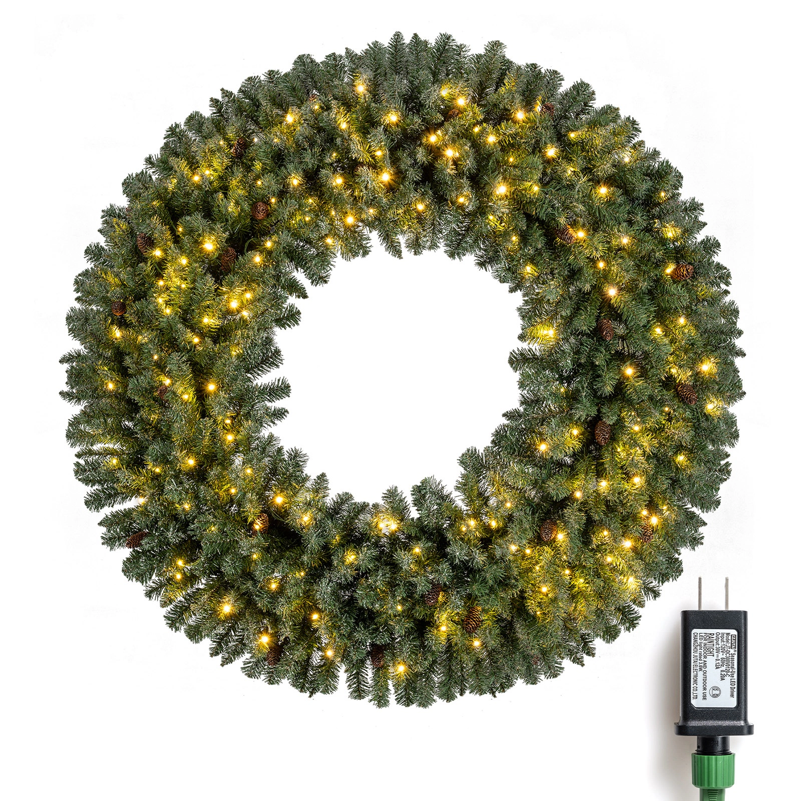 SUGIFT 60-in 200 Warm White LED Lights 680 Branch Tips Pre-Lit Christmas Wreath 24 Pine Cones 17-lb Green