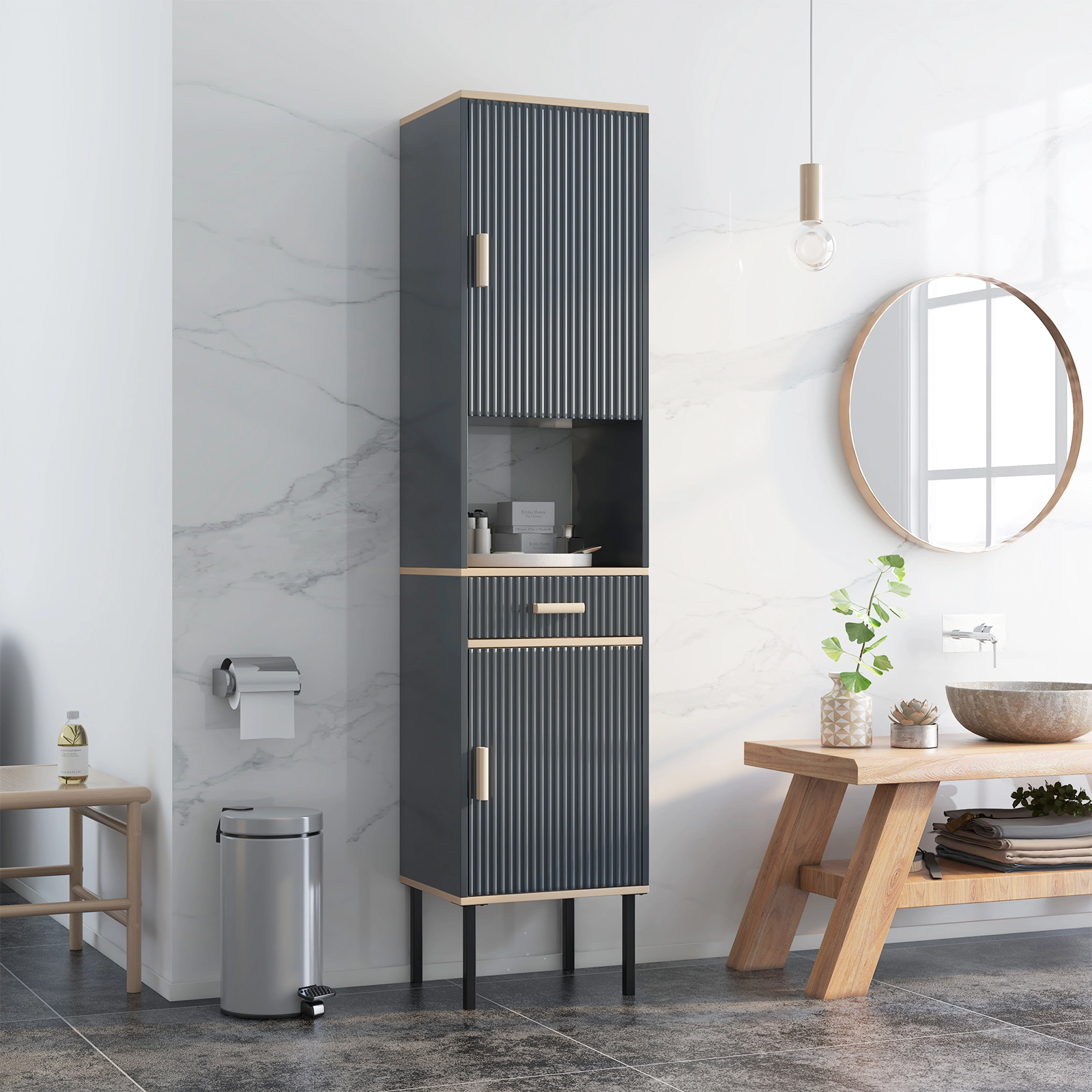 Slickblue Tall Slim Bathroom Storage Cabinet Gray MDF Metal Legs Drawer Adjustable Shelves