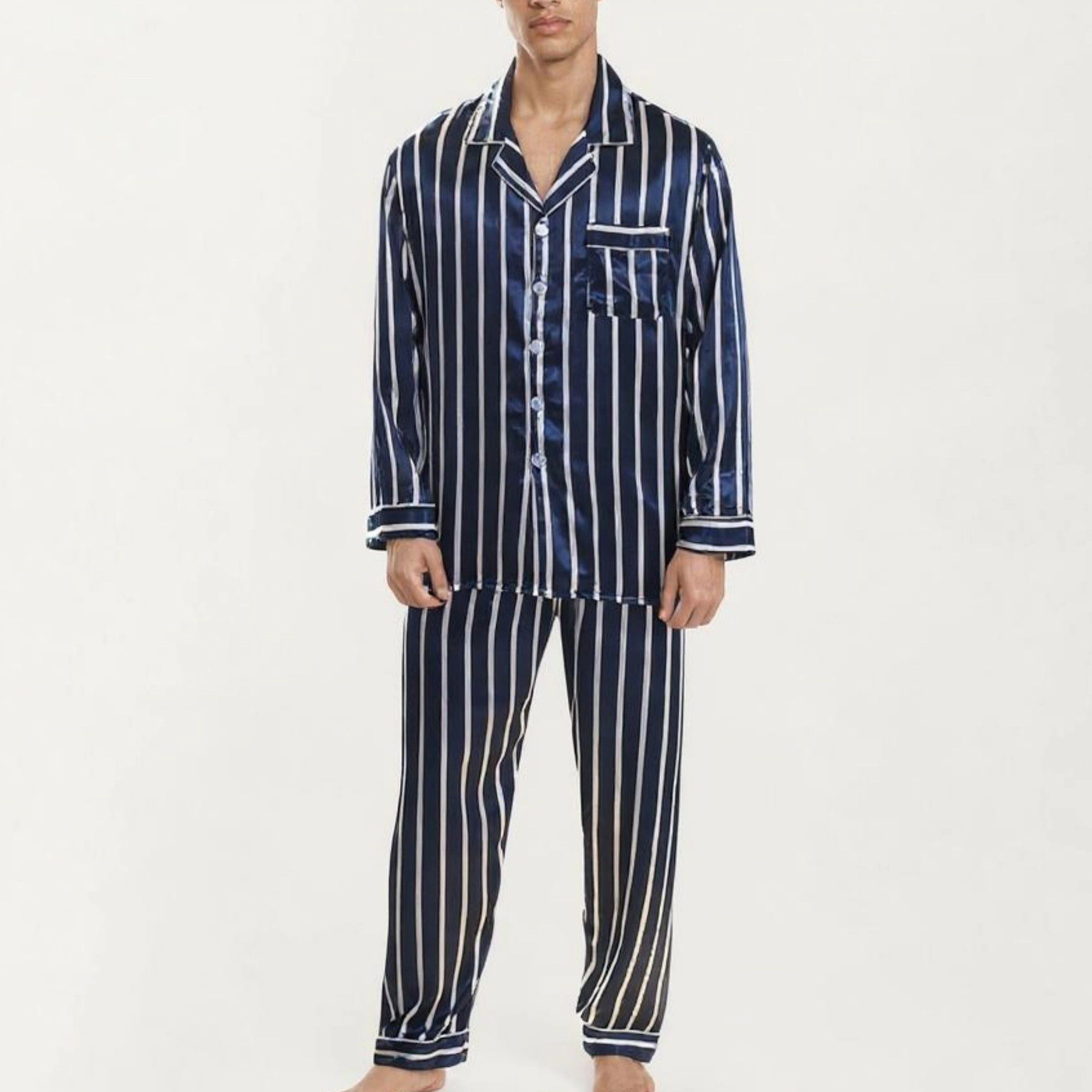 Anna-Kaci Men's 2-Piece Satin Pajamas with Vertical Stripe Pattern and Button Up Top