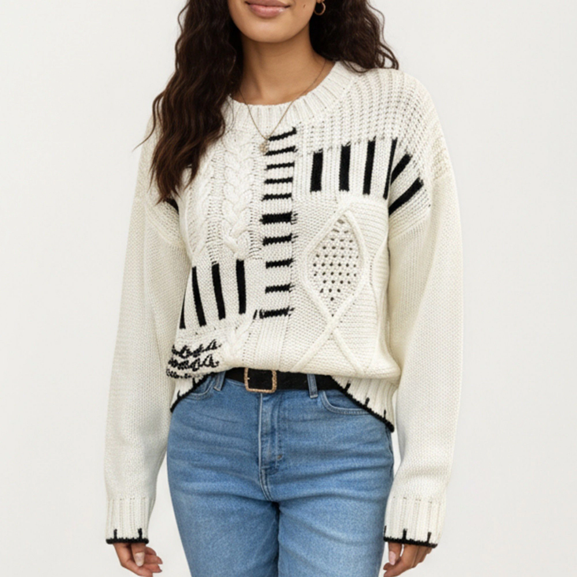 Anna-Kaci Women's Patchwork Cable Knit Sweater with Contrast Stitching Ribbed Trim