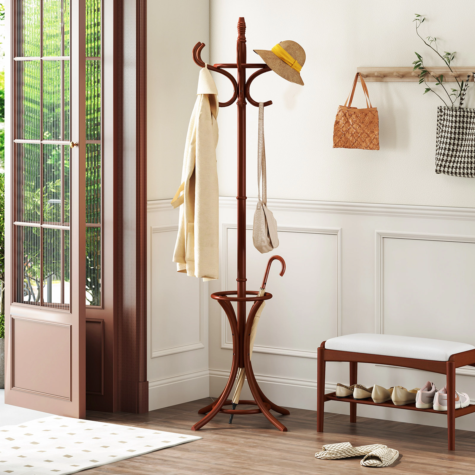 SUGIFT 73-in Tall Birch Wood Standing Hall Tree Coat and Hat Rack with Umbrella Stand and 12 Hooks