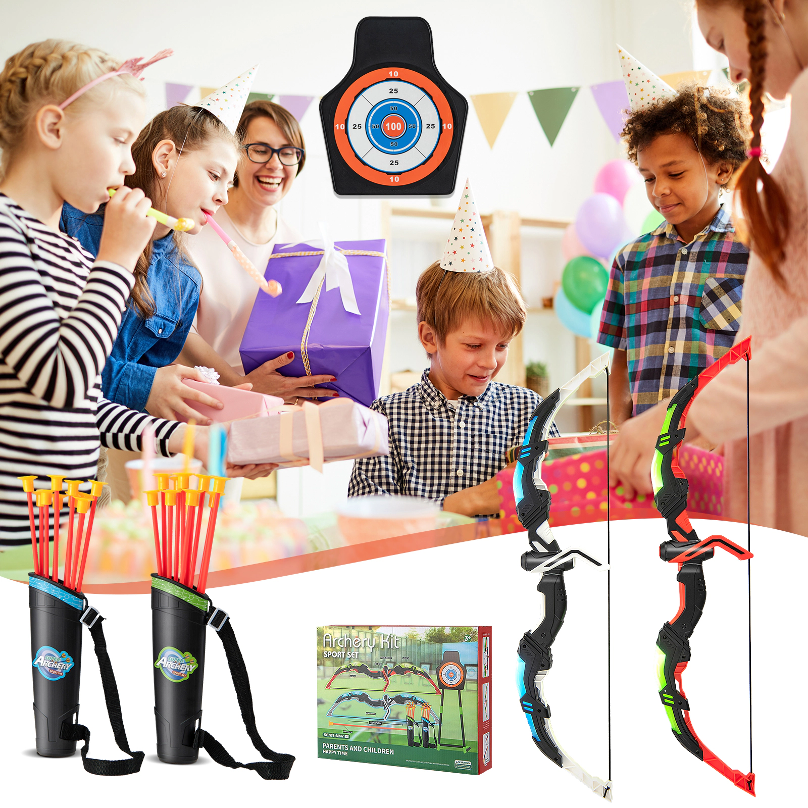 SUGIFT Kids Green LED Light Up Archery Set with 2 Bows and 20 Suction Cup Arrows 26-in Bow Length Ages 3-12