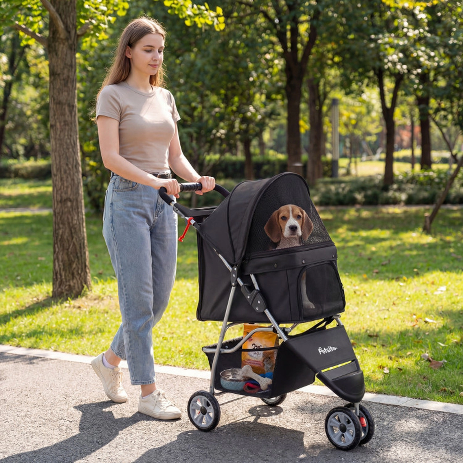 SUGIFT 3-Wheel Pet Stroller Pet Bed for Small Dogs and Cats 33-lb Capacity Black/Beige