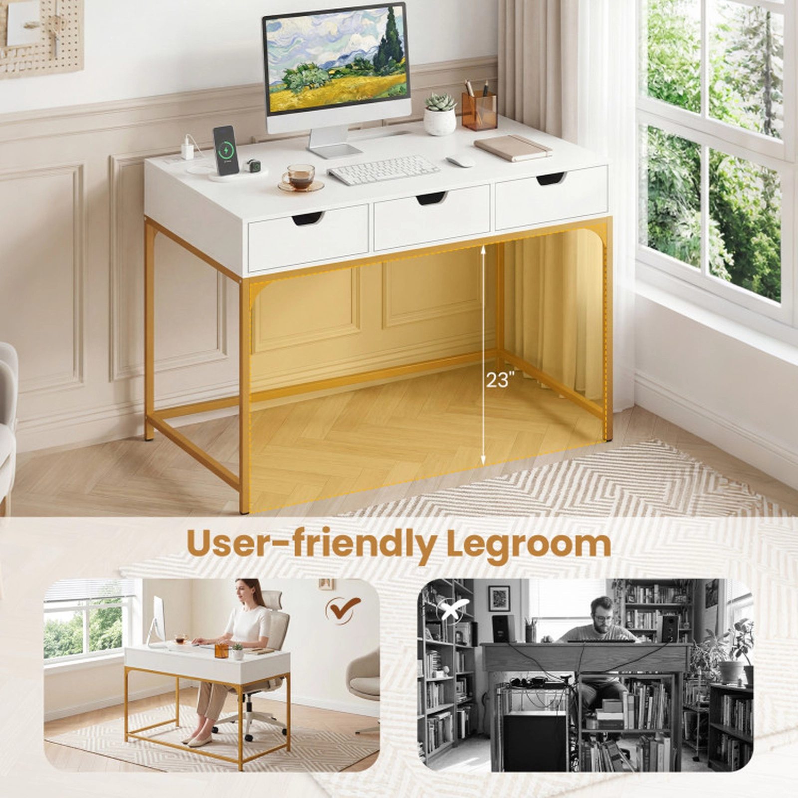 SUGIFT Office Desk with Power Outlets Hidden Compartment and Drawers 200-Lb Capacity 43.5-in Wide Engineered Wood White