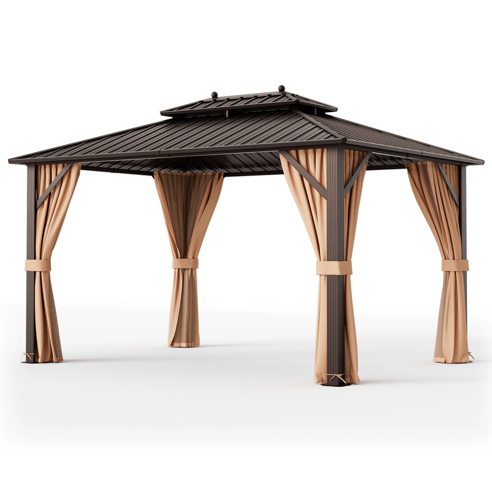 SUGIFT Coffee Galvanized Steel Roof Netting and Curtains 13 x 10 ft Double-Roof Hardtop Gazebo