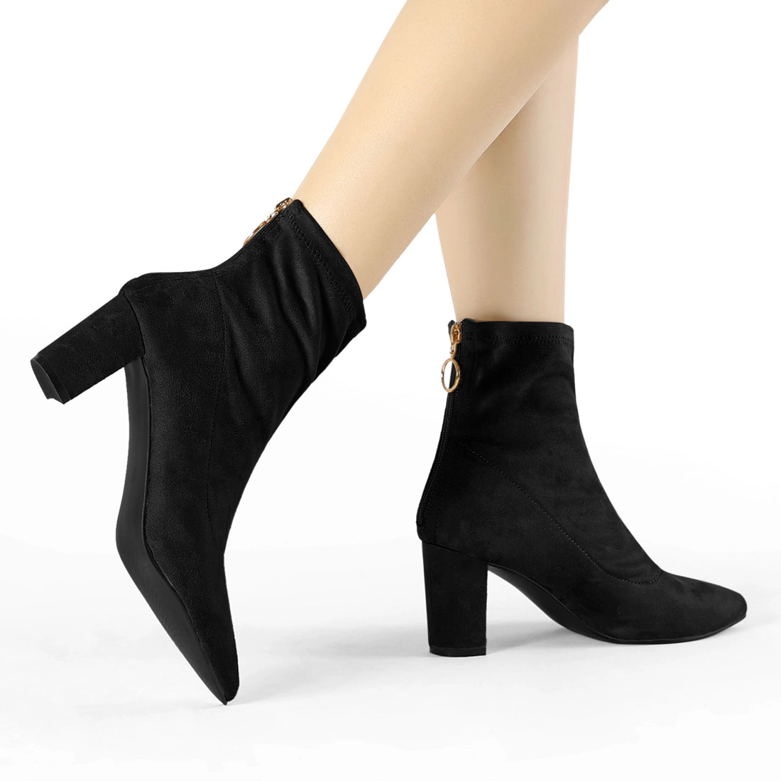 BLISSFUL STEP Women Faux Suede Pointed Toe Zipper Chunky Heels Ankle Boots