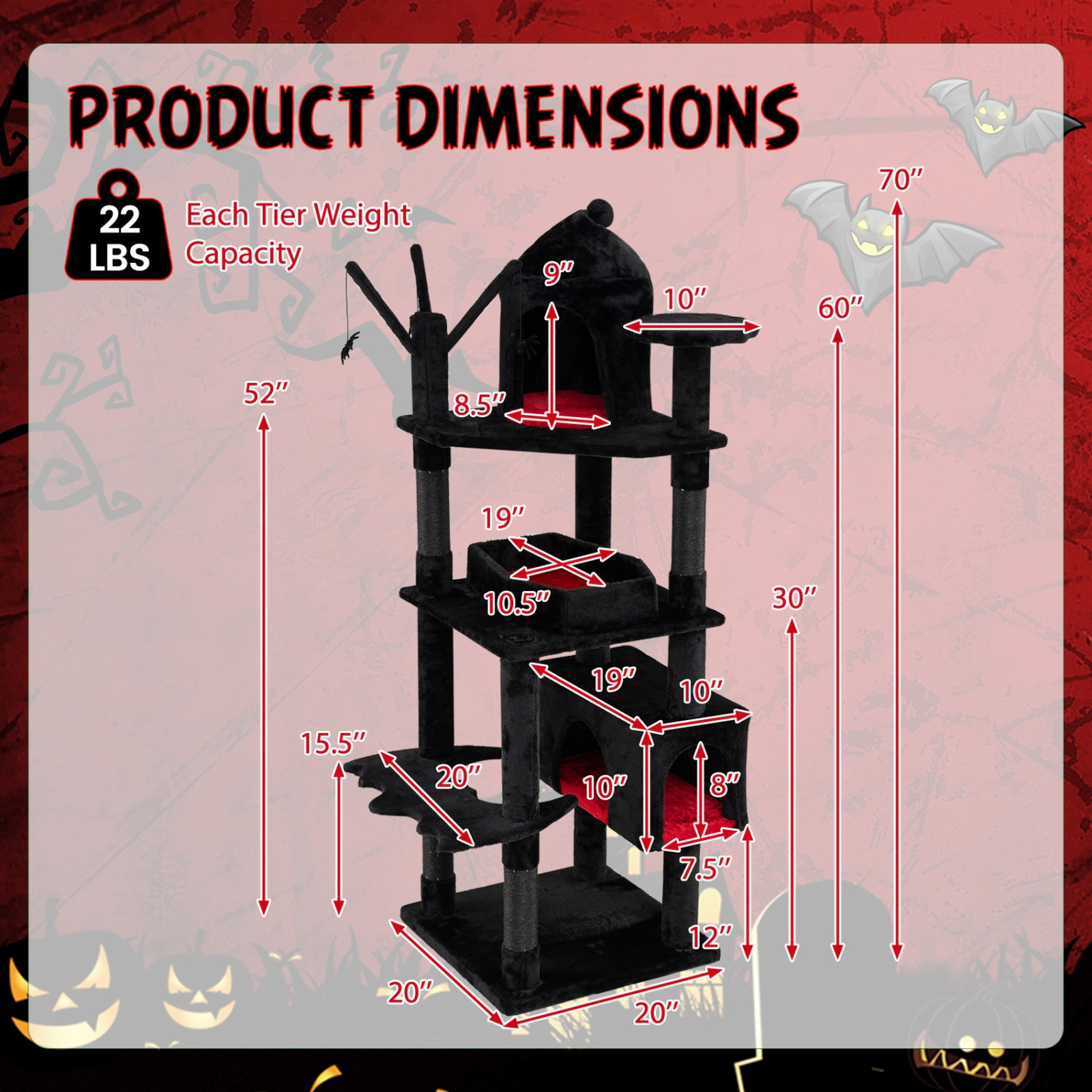SUGIFT 70 in Gothic Cat Tree Black and Red with Castle Condo Coffin Bed and Anti-Tipping Kit