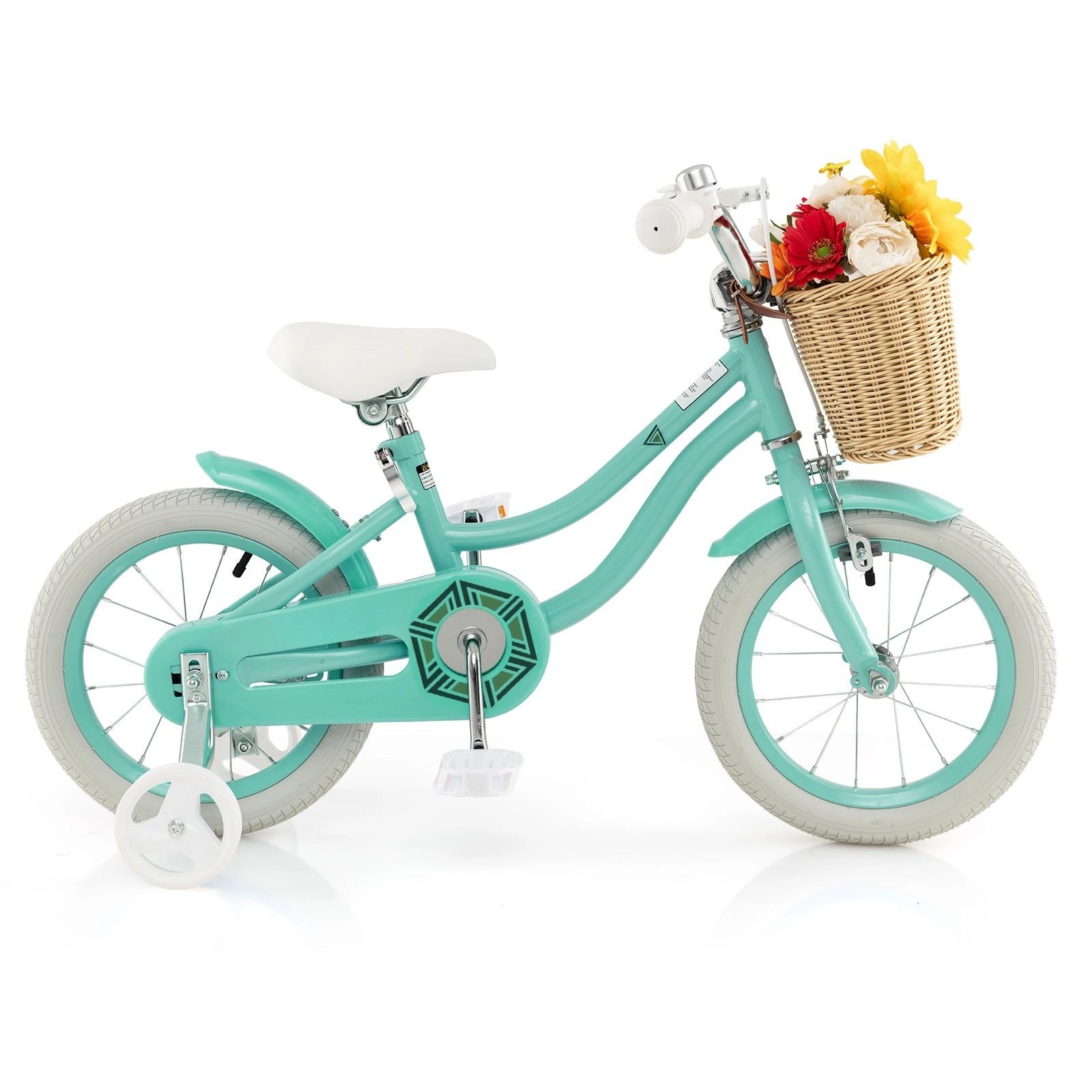 SUGIFT Green Training Wheels Front Basket and Adjustable Handlebar Seat Kids 14 Inch Bike