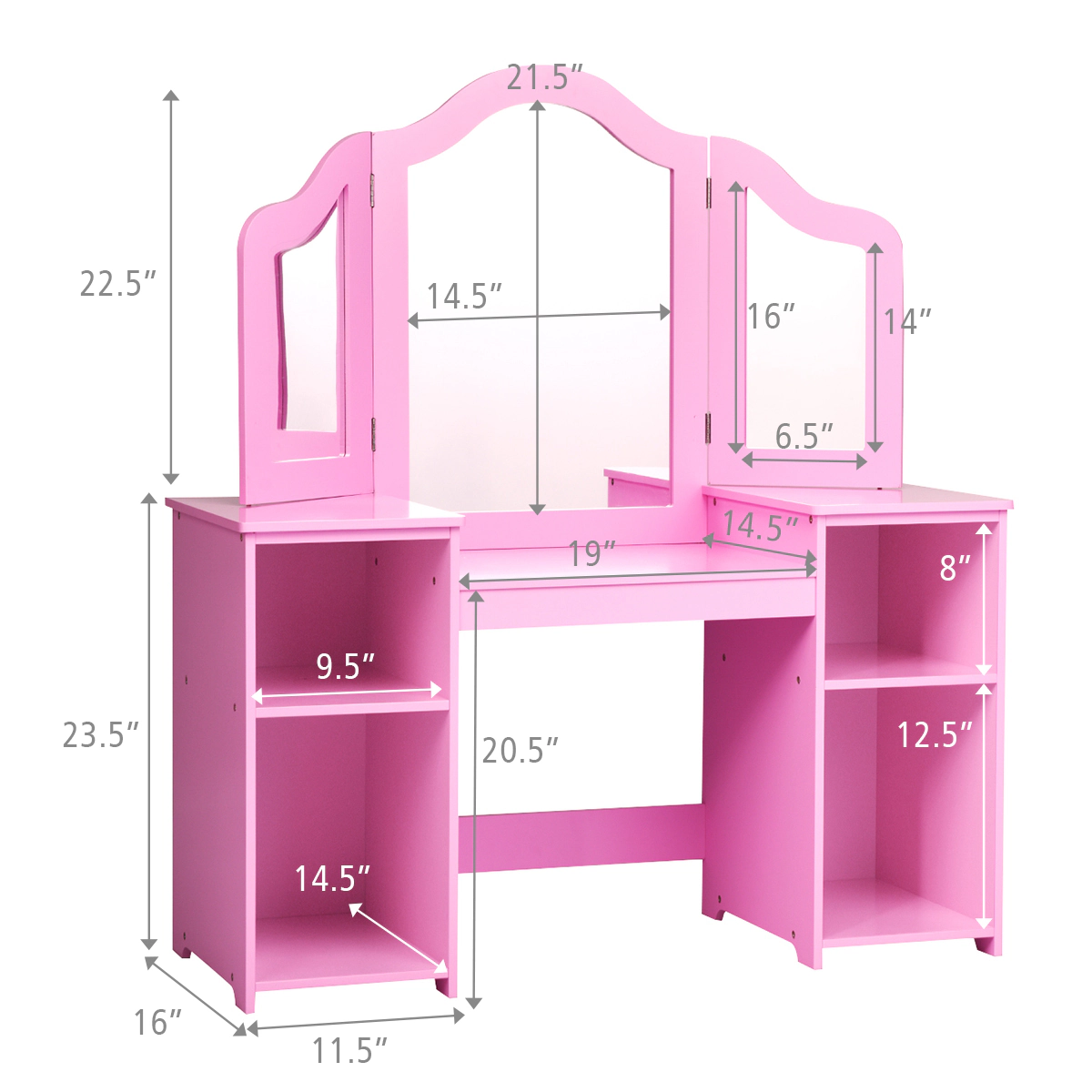 SUGIFT 42-Inch Kids Vanity Table Set with Tri-Folding Mirror and 4 Storage Compartments