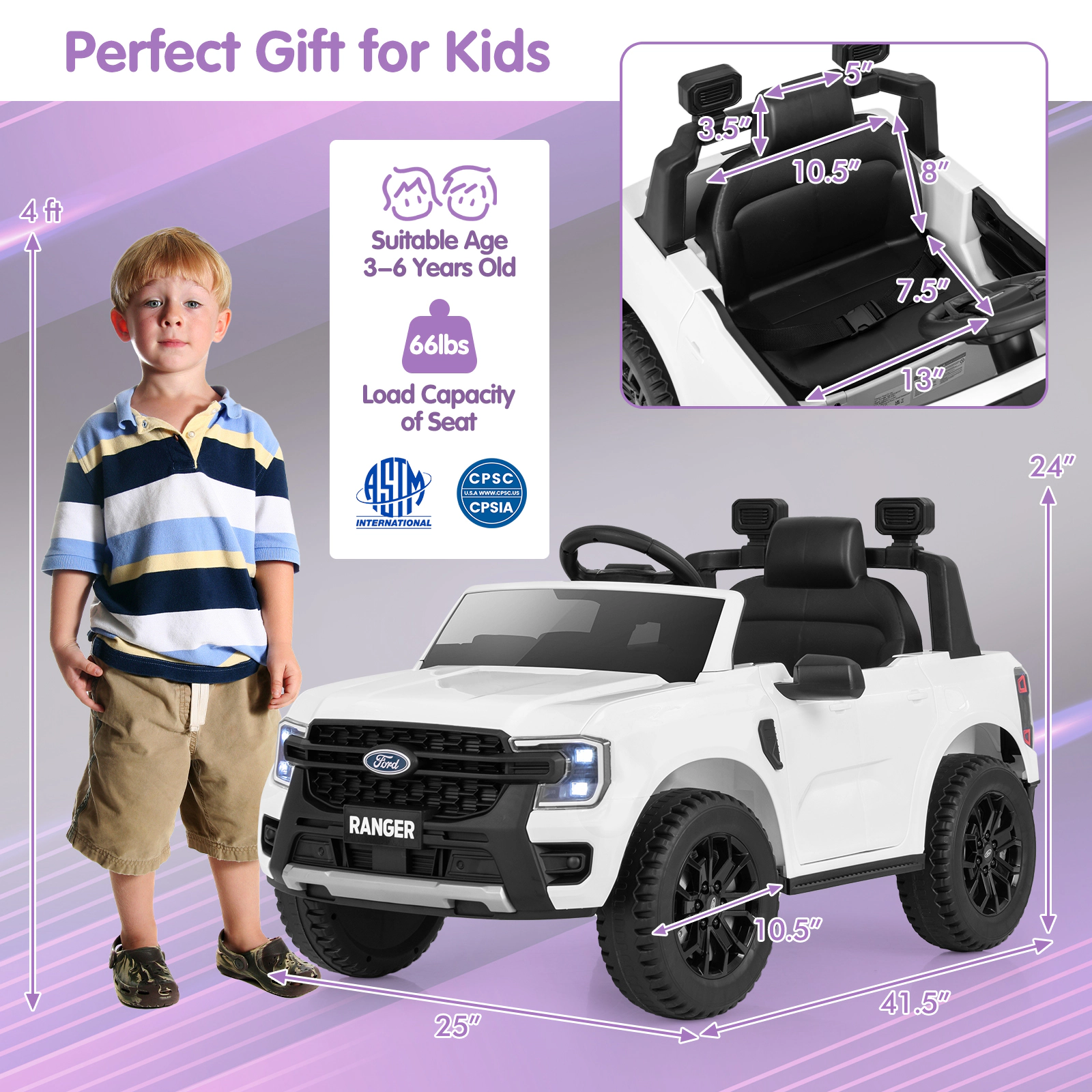 12V Kids Ride On Car Parent Remote Padded Headrest Rear Storage Basket and Lockable Doors for Ages 3-6 Electric Truck