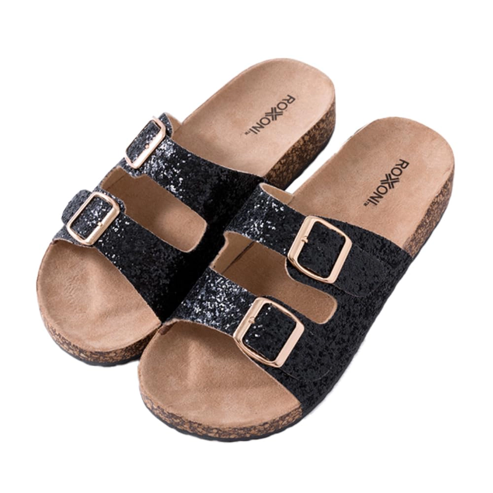 Roxoni Women’s Glitter Flat Sandals with Double Buckle Straps & Suede Footbed
