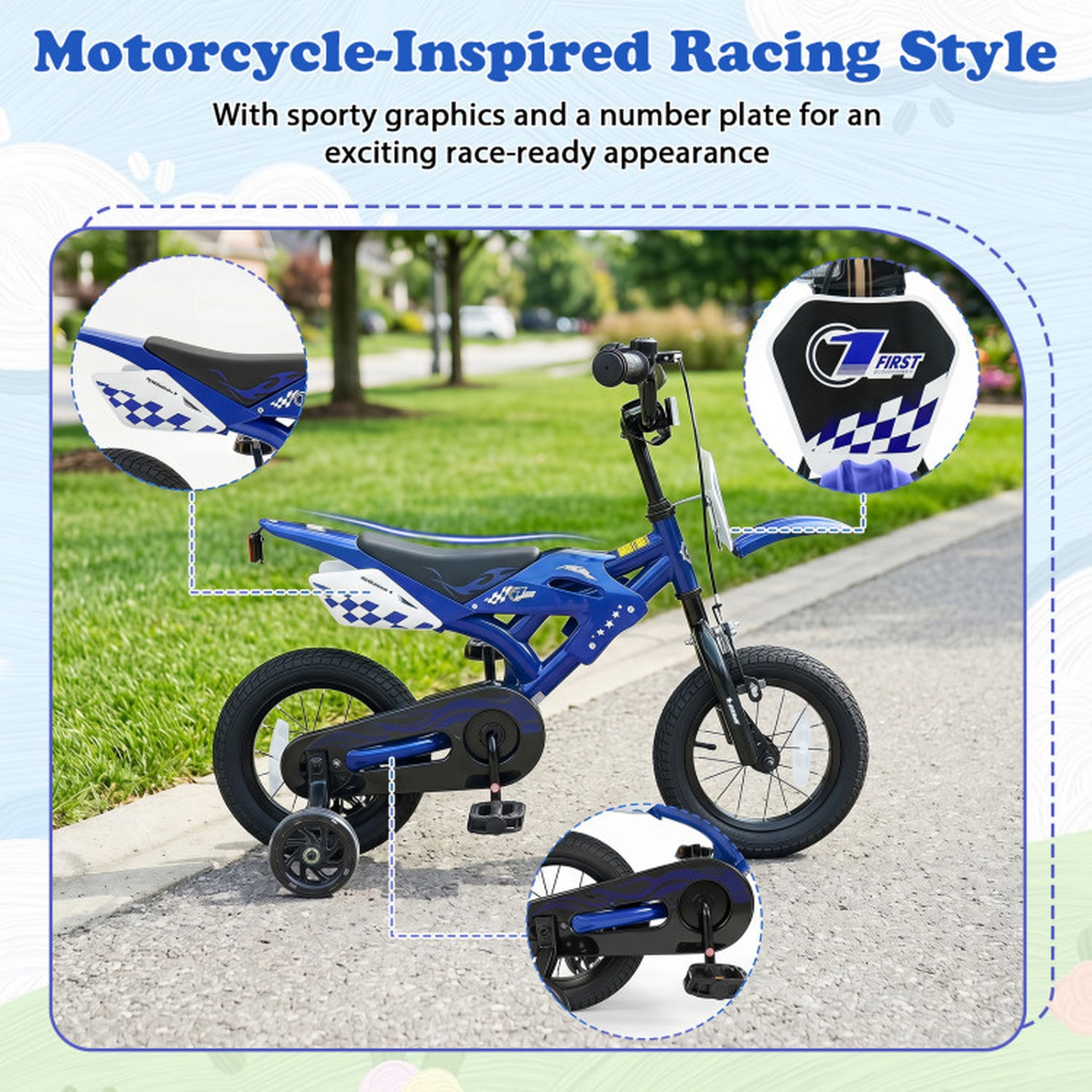 SUGIFT Motorcycle-Inspired 12-Inch Kids Bicycle with Training Wheels 143-lb Capacity Ages 3-4 Years Blue