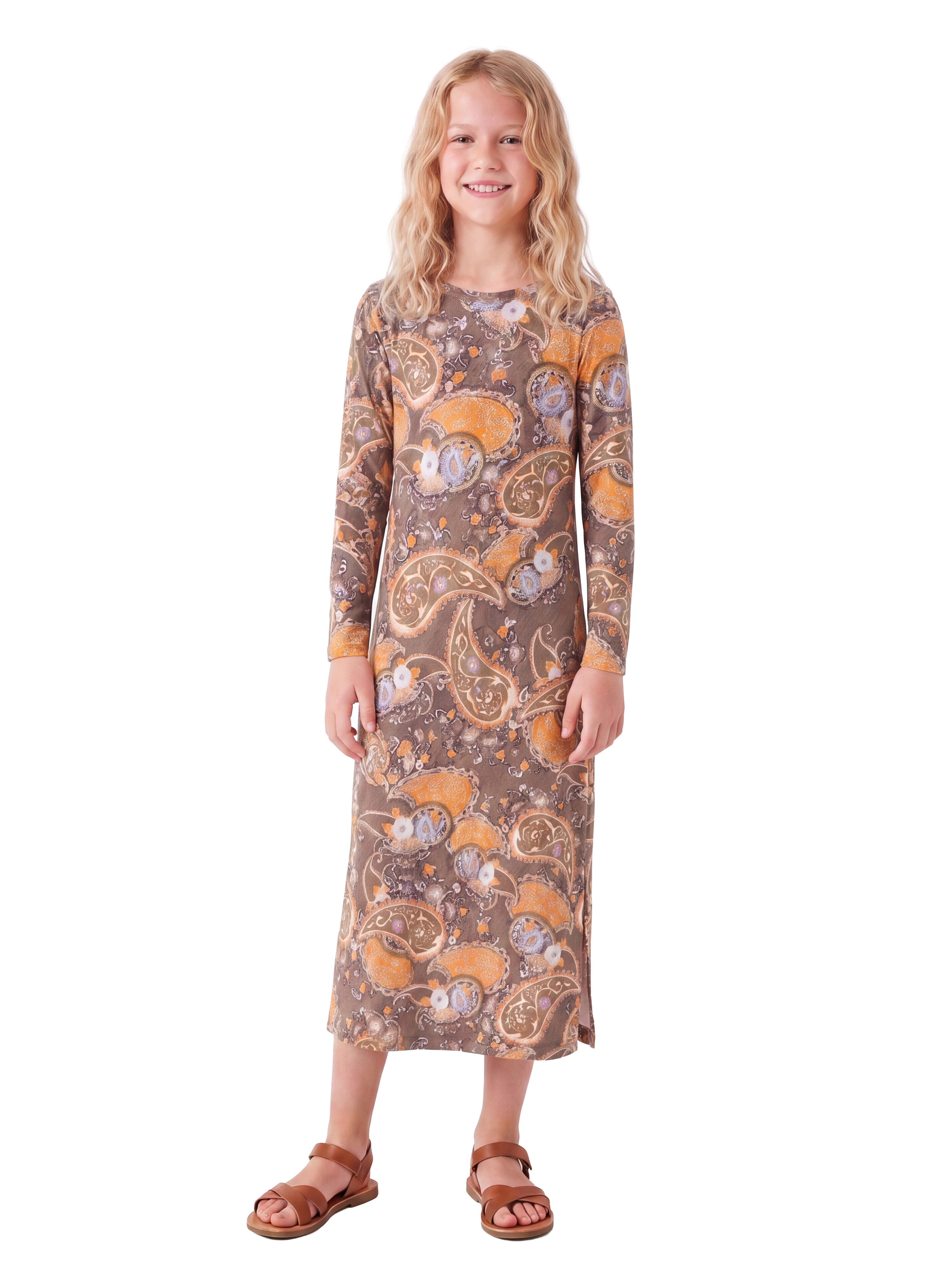 24sevenKid Essential Brown Fall Print Girls Long Sleeve Side Slit Maxi Dress