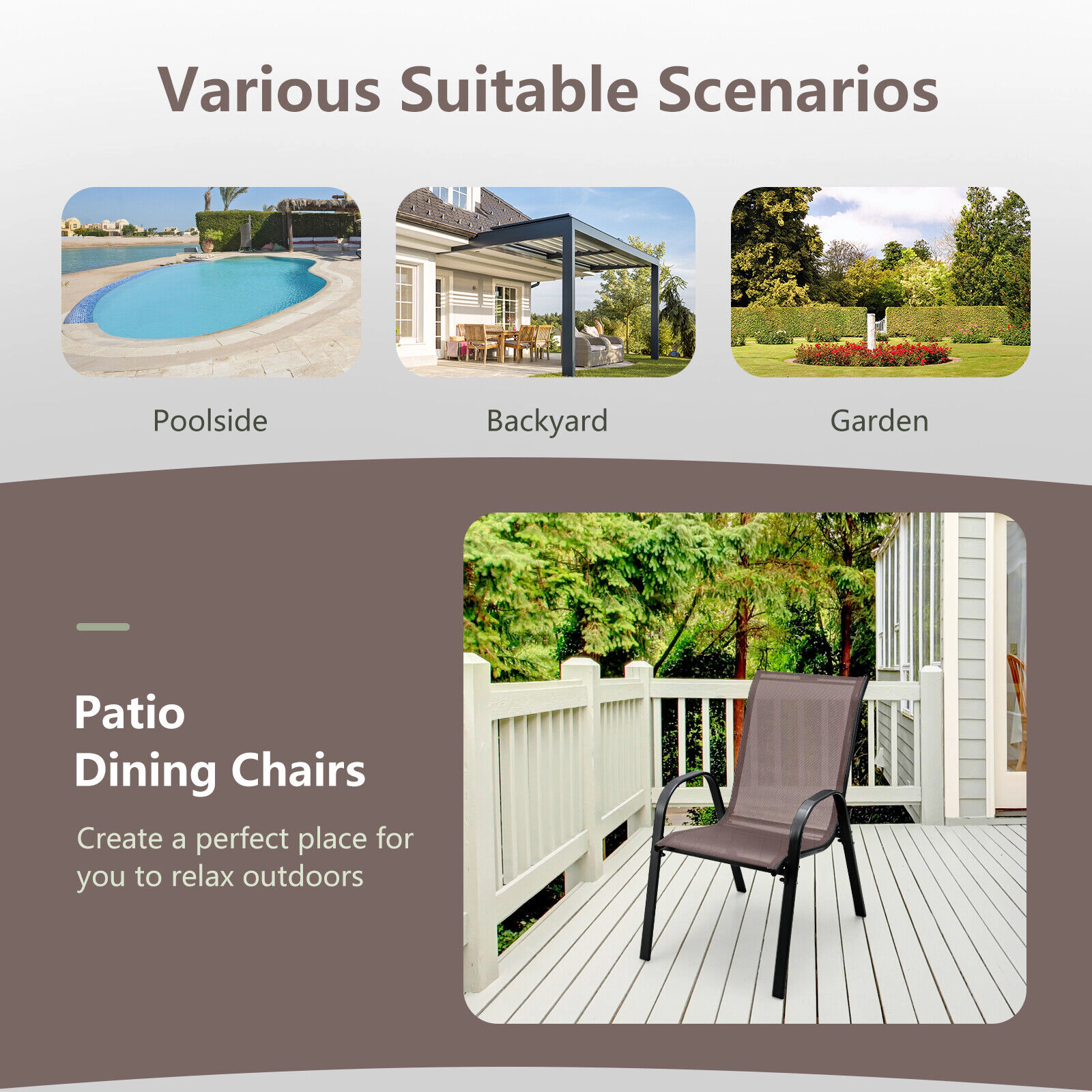 SUGIFT Stackable Patio Dining Chairs with Armrests 330-Lb Capacity Brown
