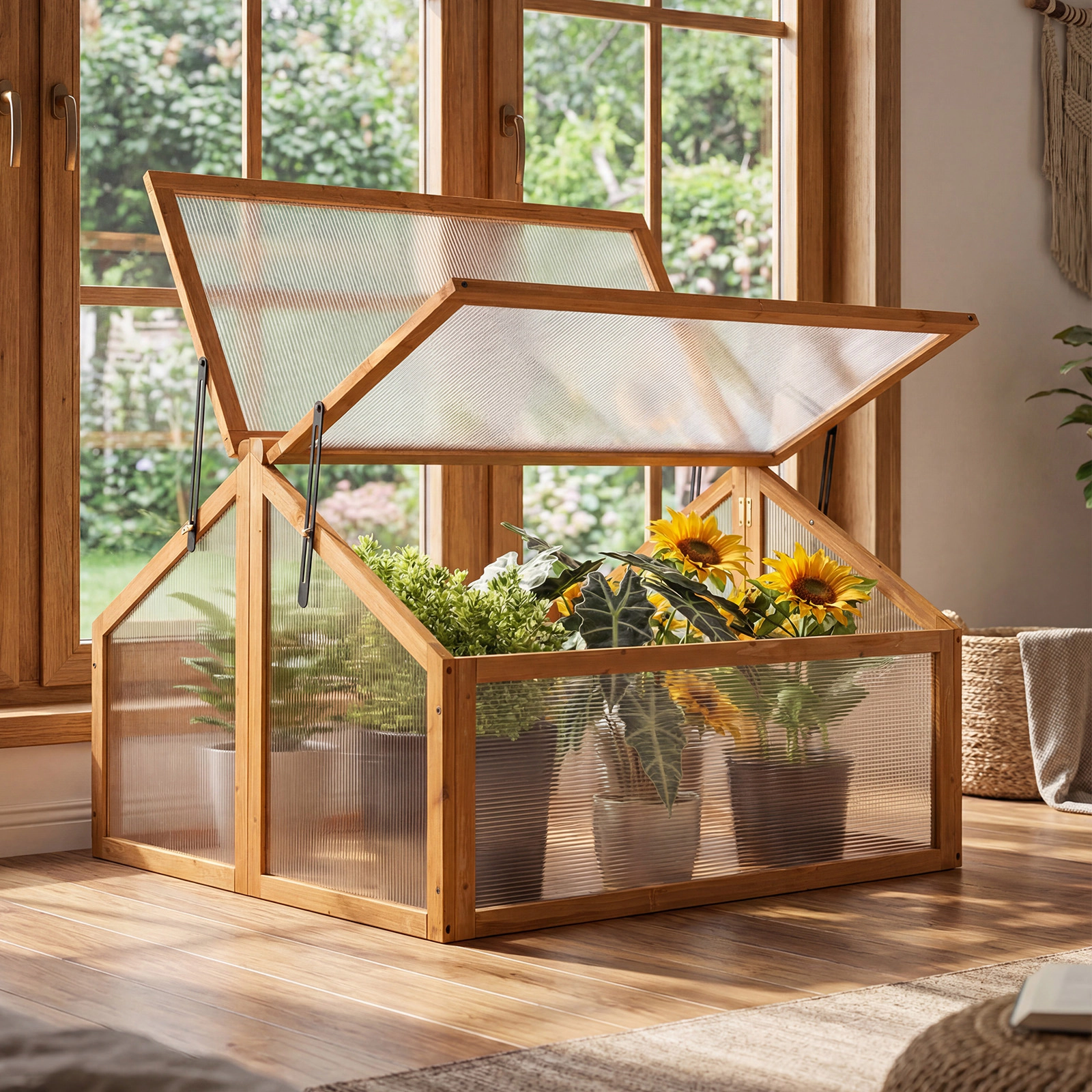 LJG Wood Cold Frame Greenhouse Raised Flower Planter Protection with Transparent Openable Roof