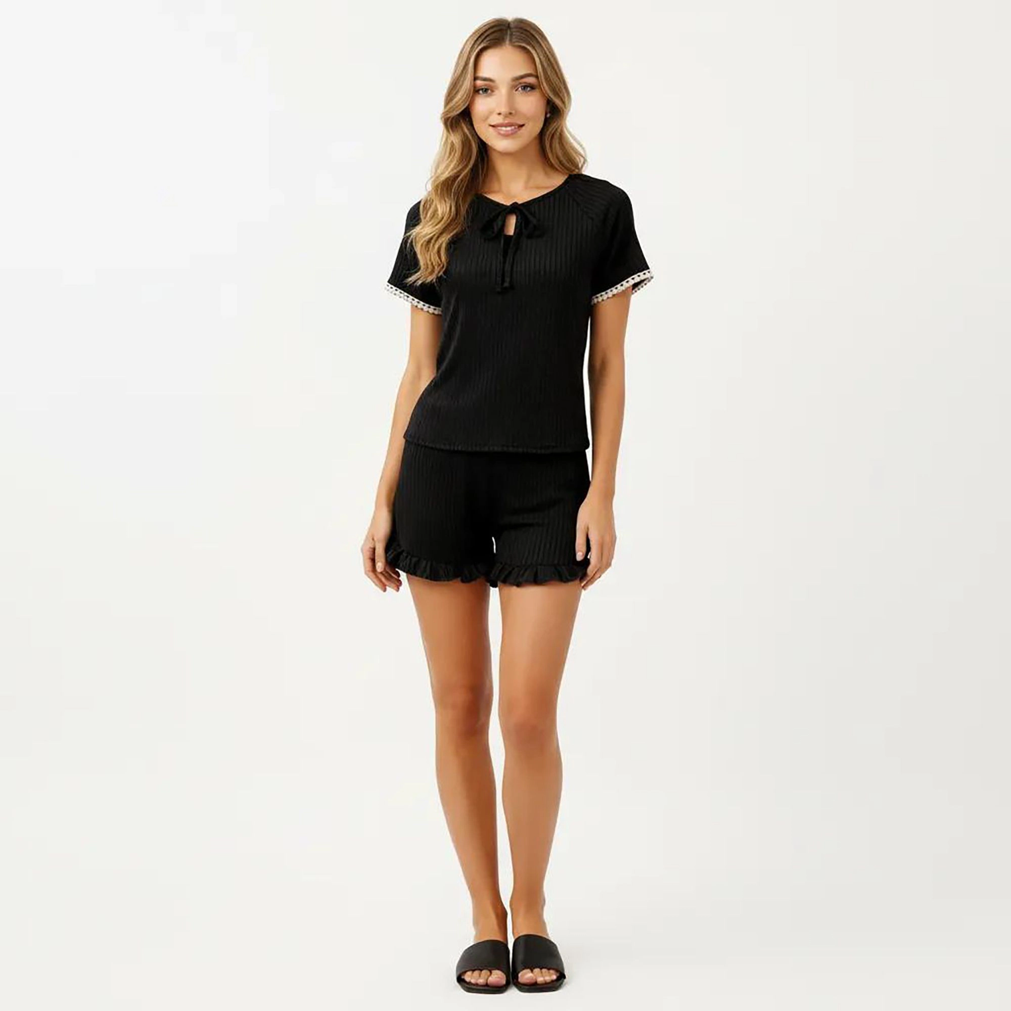 Anna-Kaci Women's 2-Piece Ribbed Pajama Top with Tie Neck Detail and Ruffle Hem Shorts Sleepwear Set