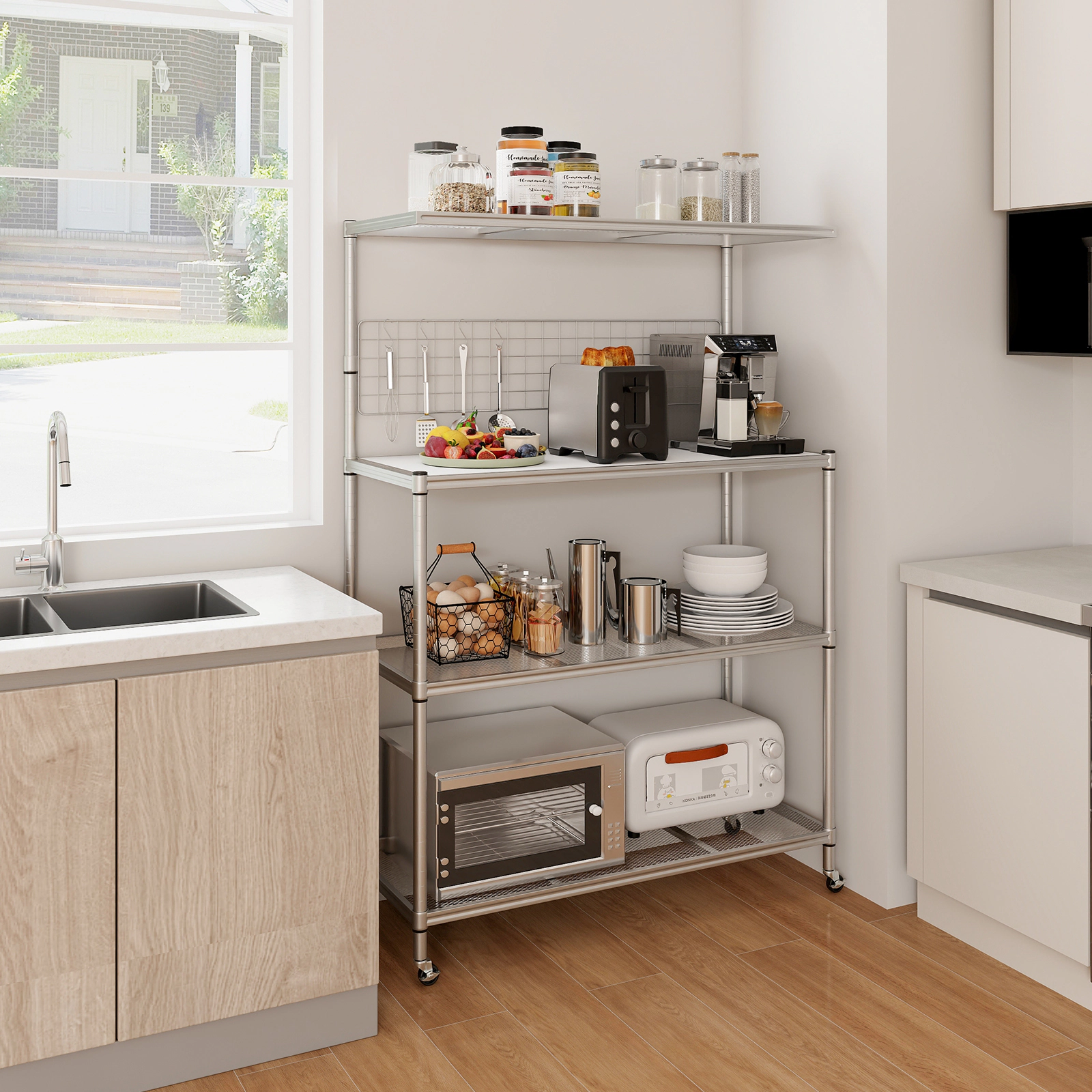 SUGIFT 4-Tier Bakers Rack Silver on Wheels with Adjustable Shelves and Hanging Net