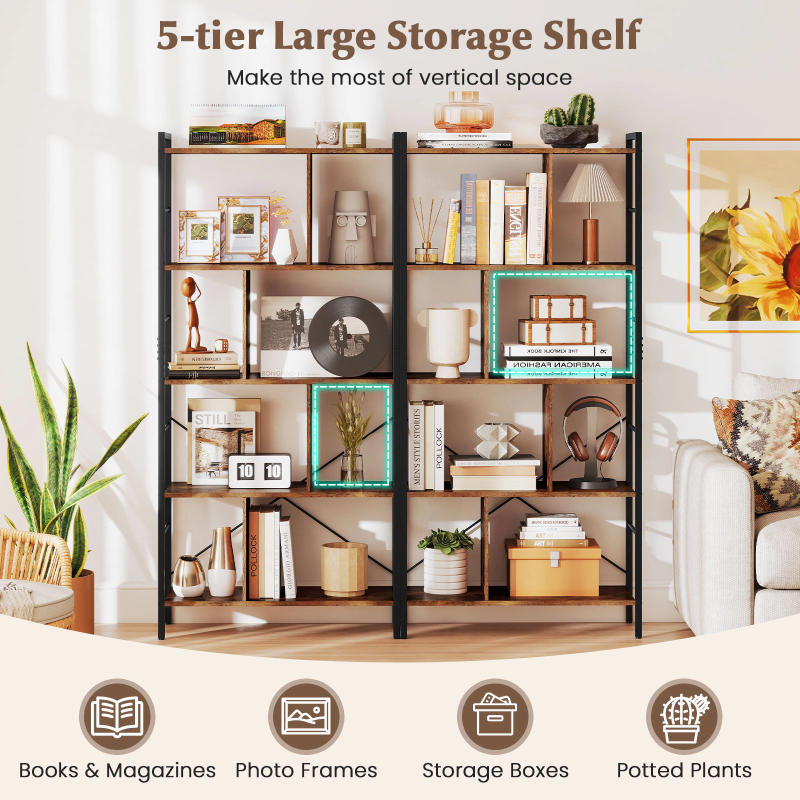 SUGIFT 5-Tier 220-lb Capacity 61-in Tall Industrial Bookshelf with Metal Frame and Side Rods for Study