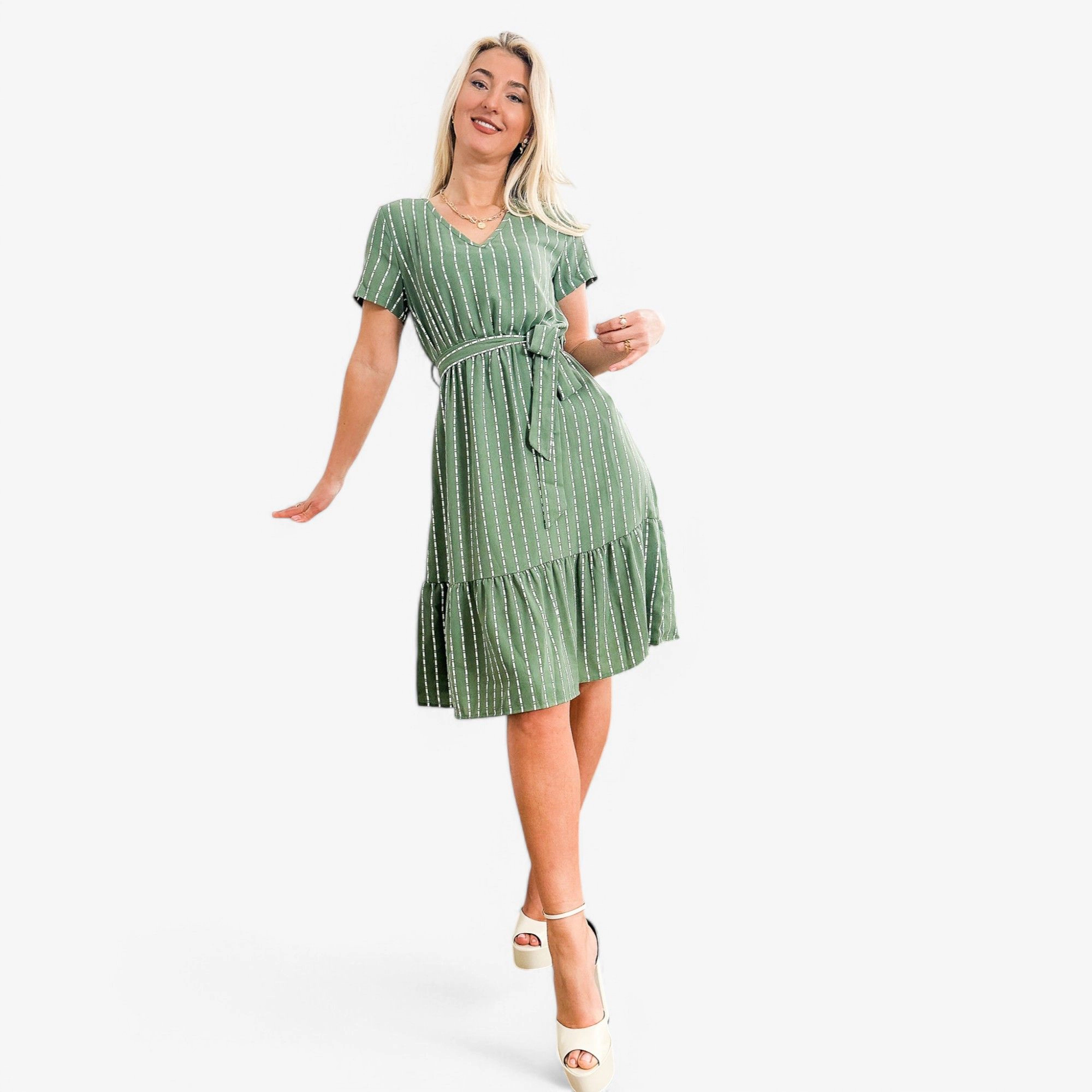 Anna-Kaci Women's V Neck Short Sleeve Tiered Waist Tie Midi Dress