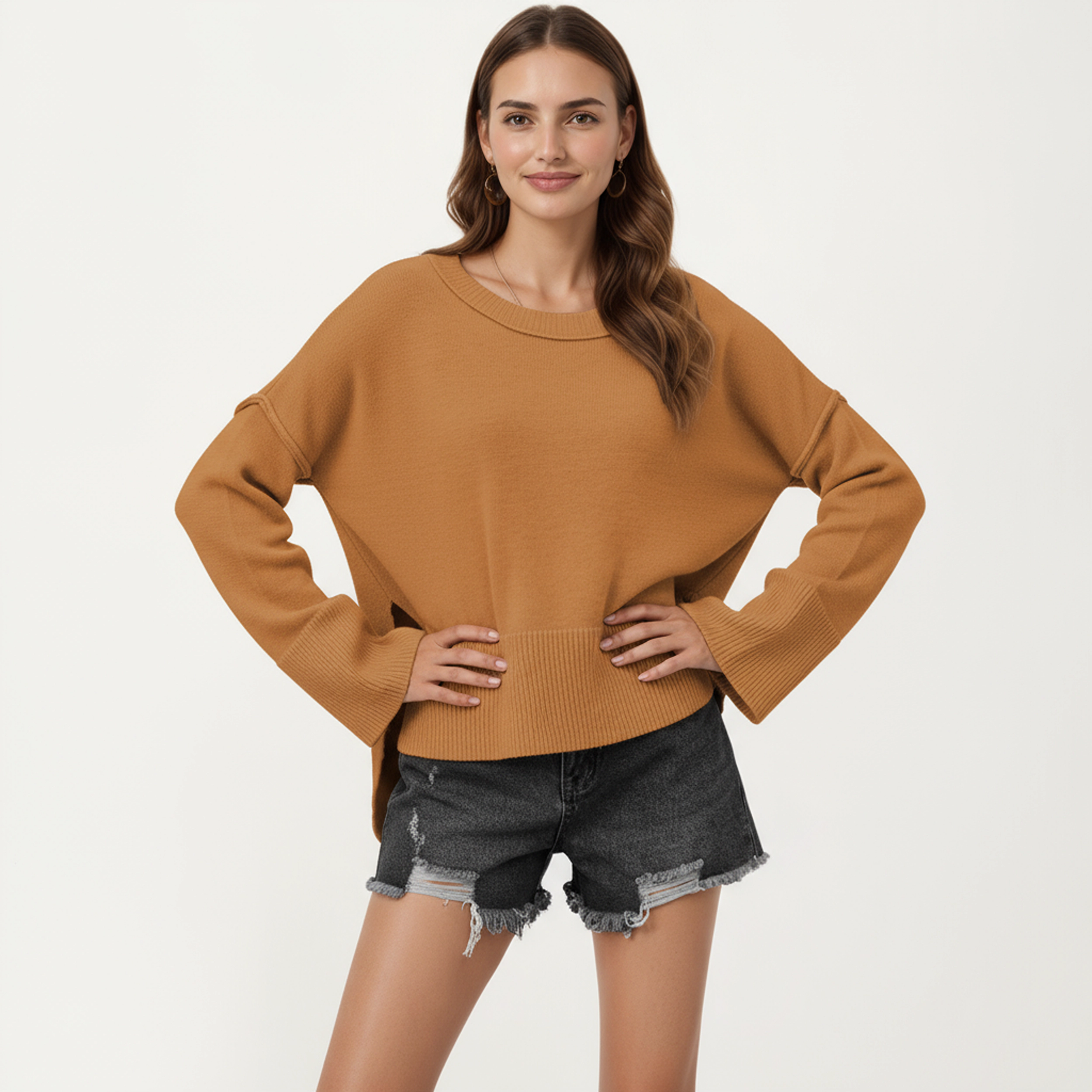 Anna-Kaci Women's Solid Wide Ribbed Hem Relaxed Fit Pullover Sweater