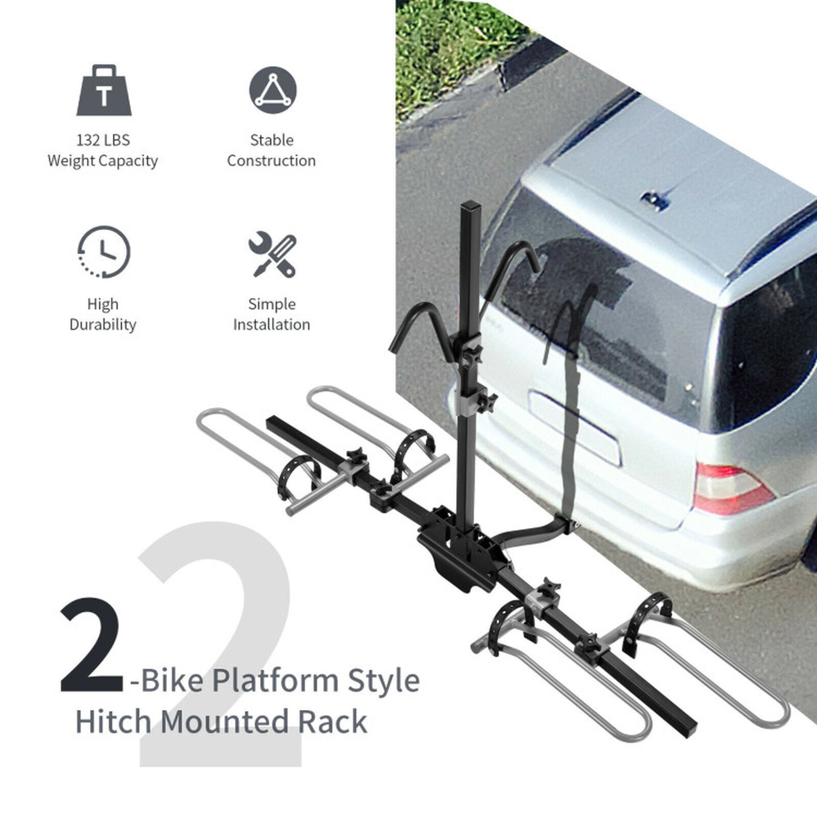 SUGIFT Platform Hitch-Mount Shelving Unit Style 2-Bike Rack 132-lb Capacity for 1-1/4 or 2 in Receiver Black/Gray