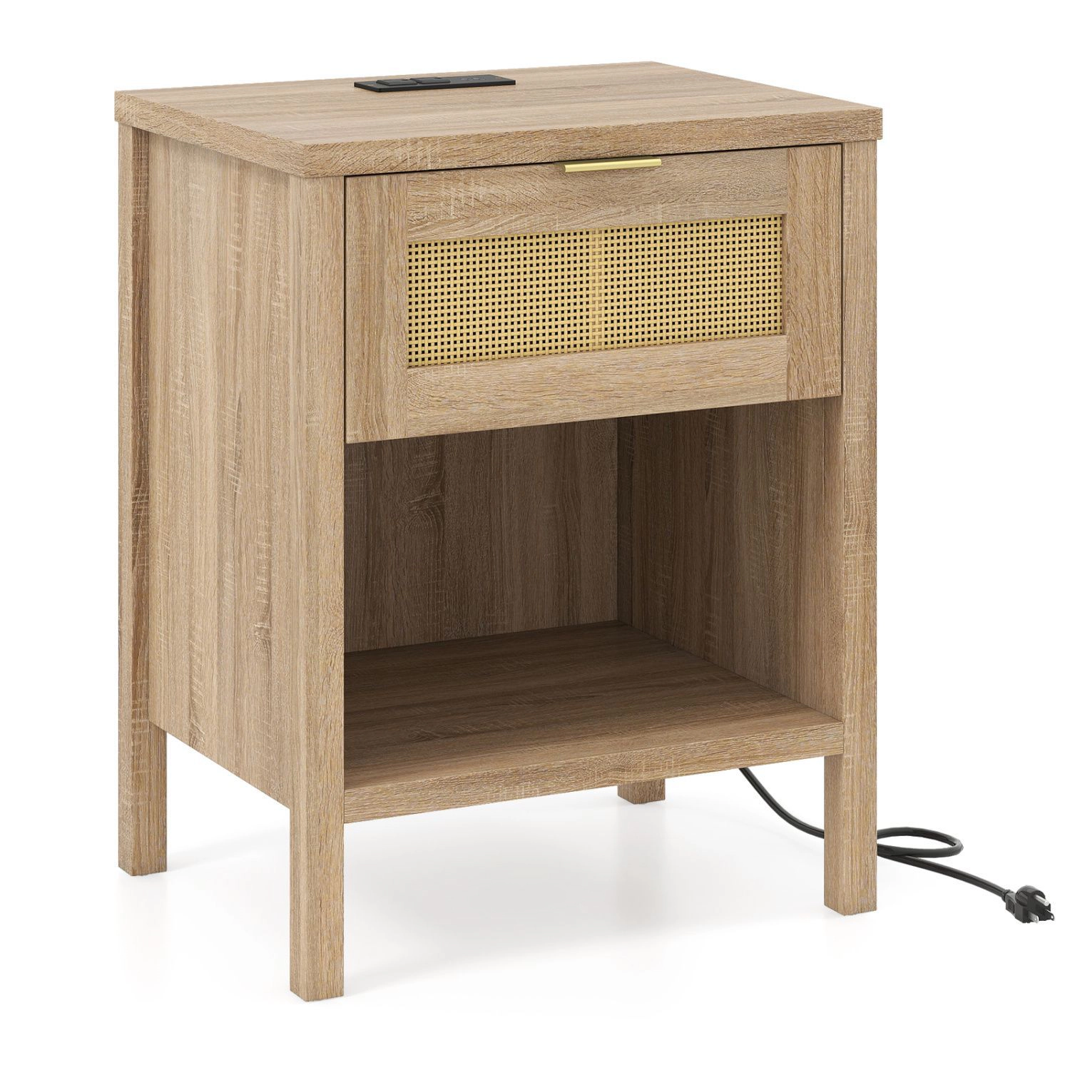 SlickBlue Rattan Nightstand with Charging Station and Drawer