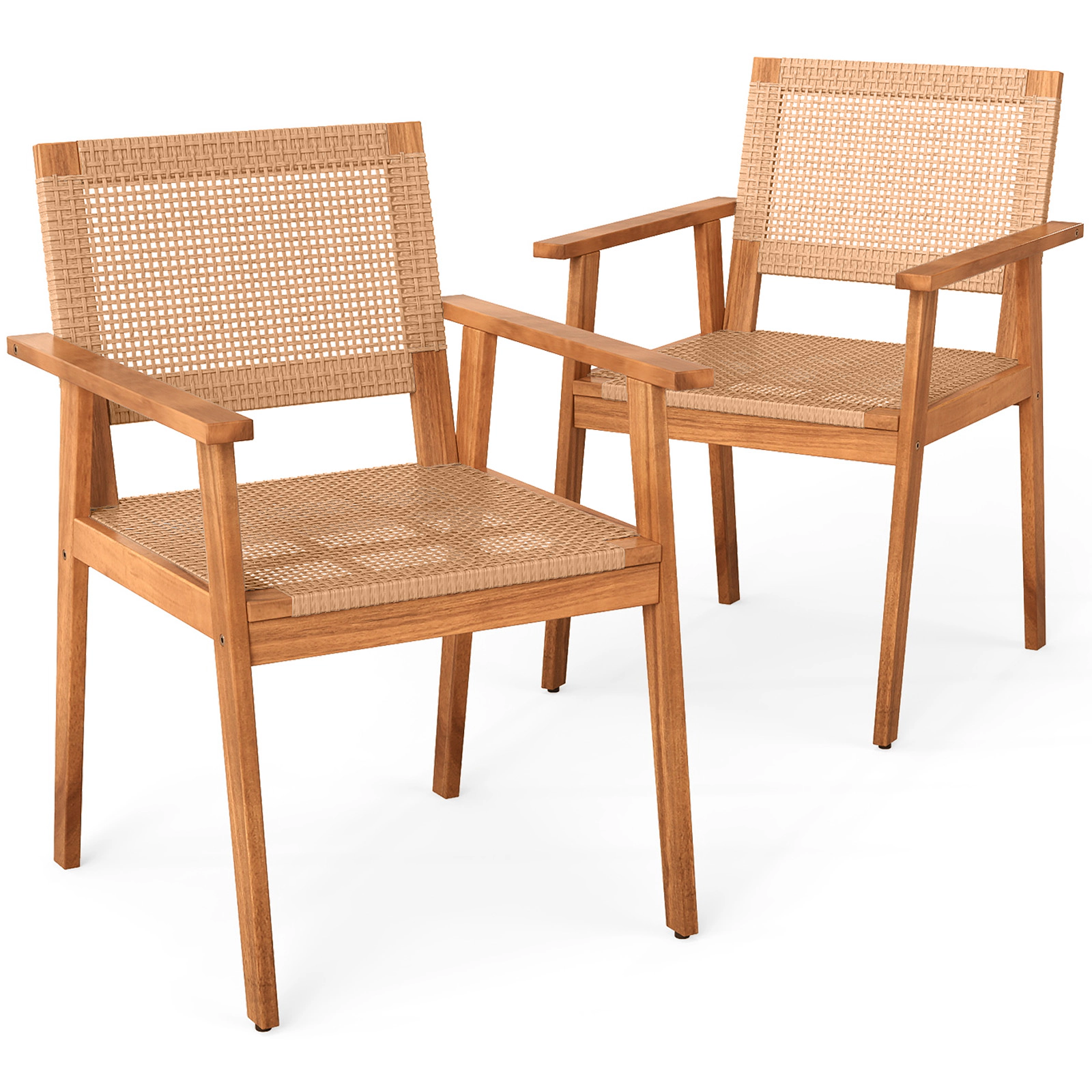LJG Acacia Wood Outdoor Dining Chairs Set of 2 PE Rattan Patio Chairs with Backrests and Armrests