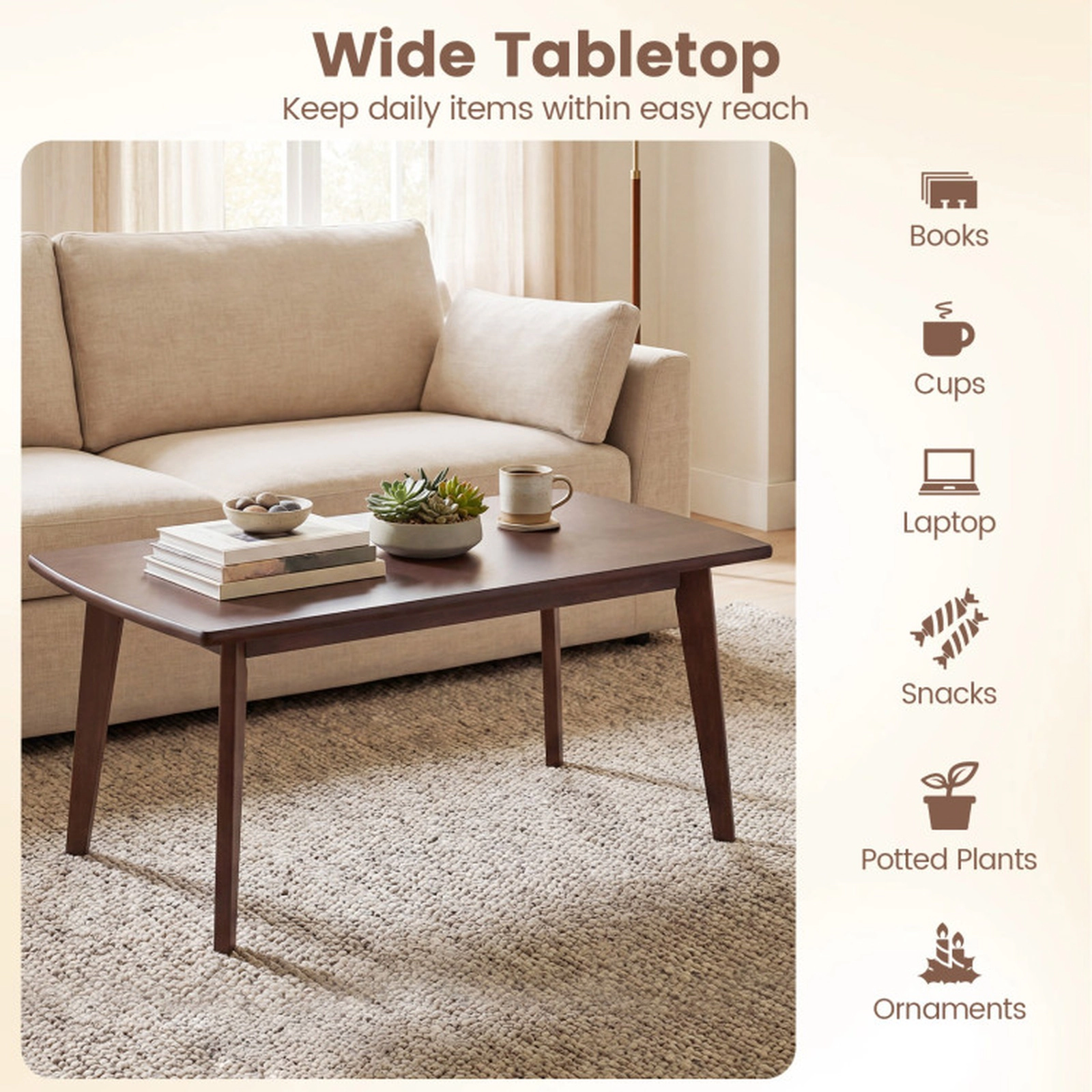 SUGIFT Solid Rubber Wood Tapered Legs Mid Century Modern Coffee Table 34.5-in x 21-in x 17-in 176-lb Capacity Walnut