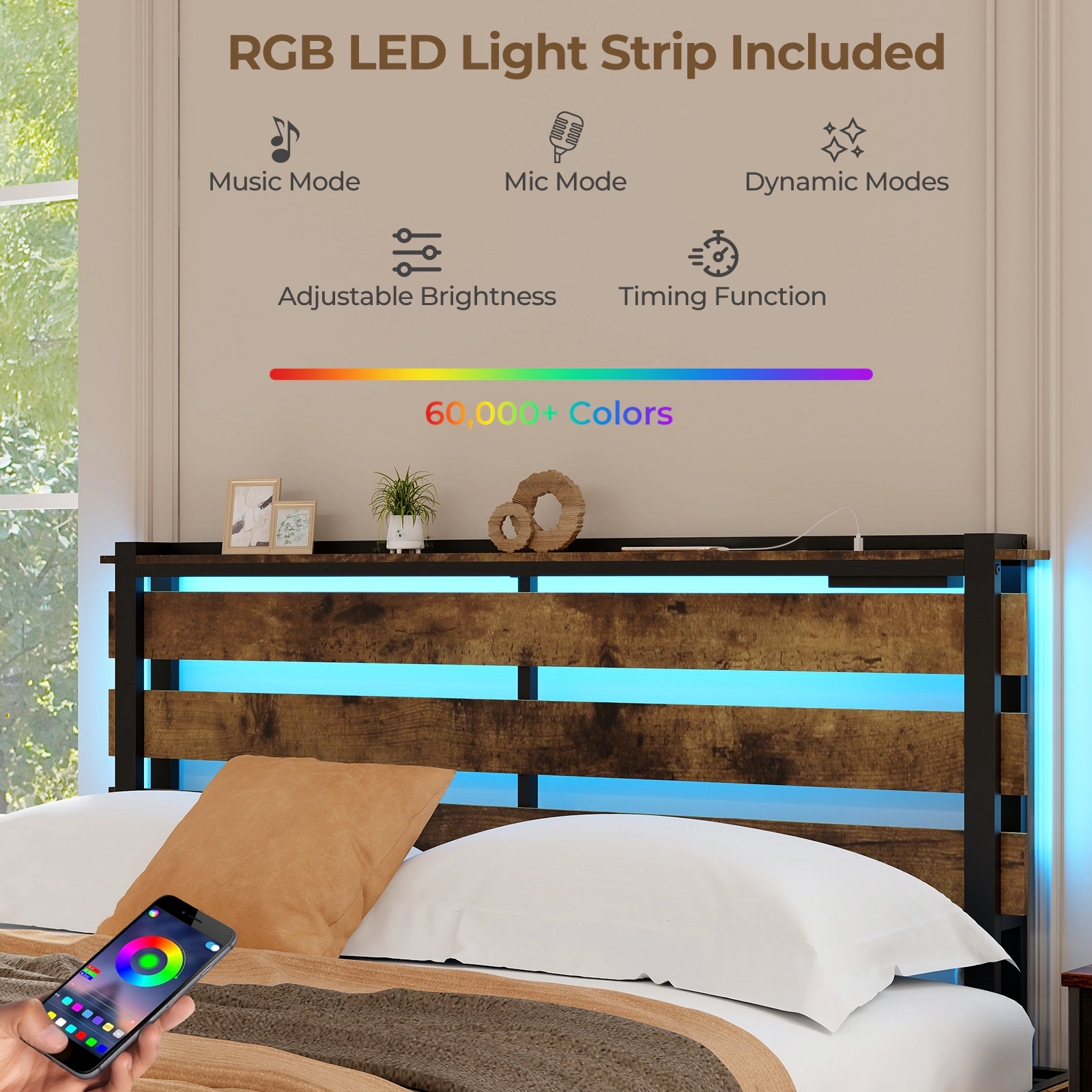 SUGIFT Queen Size 1000-lb Bed Capacity Bed Frame with 4 Drawers LED Lights and Charging Station Rustic Brown