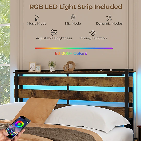 SUGIFT Queen Size 1000-lb Bed Capacity Bed Frame with 4 Drawers LED Lights and Charging Station Rustic Brown