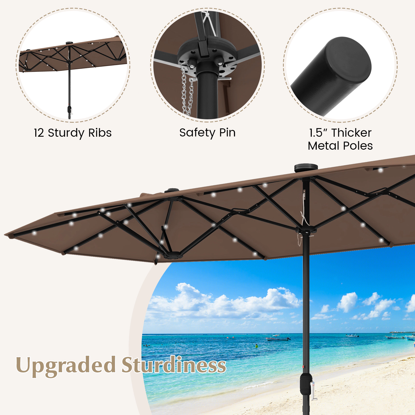 SUGIFT 36 Solar LED Lights 12 Ribs and Air Vents 13 FT Double-Sided Patio Umbrella