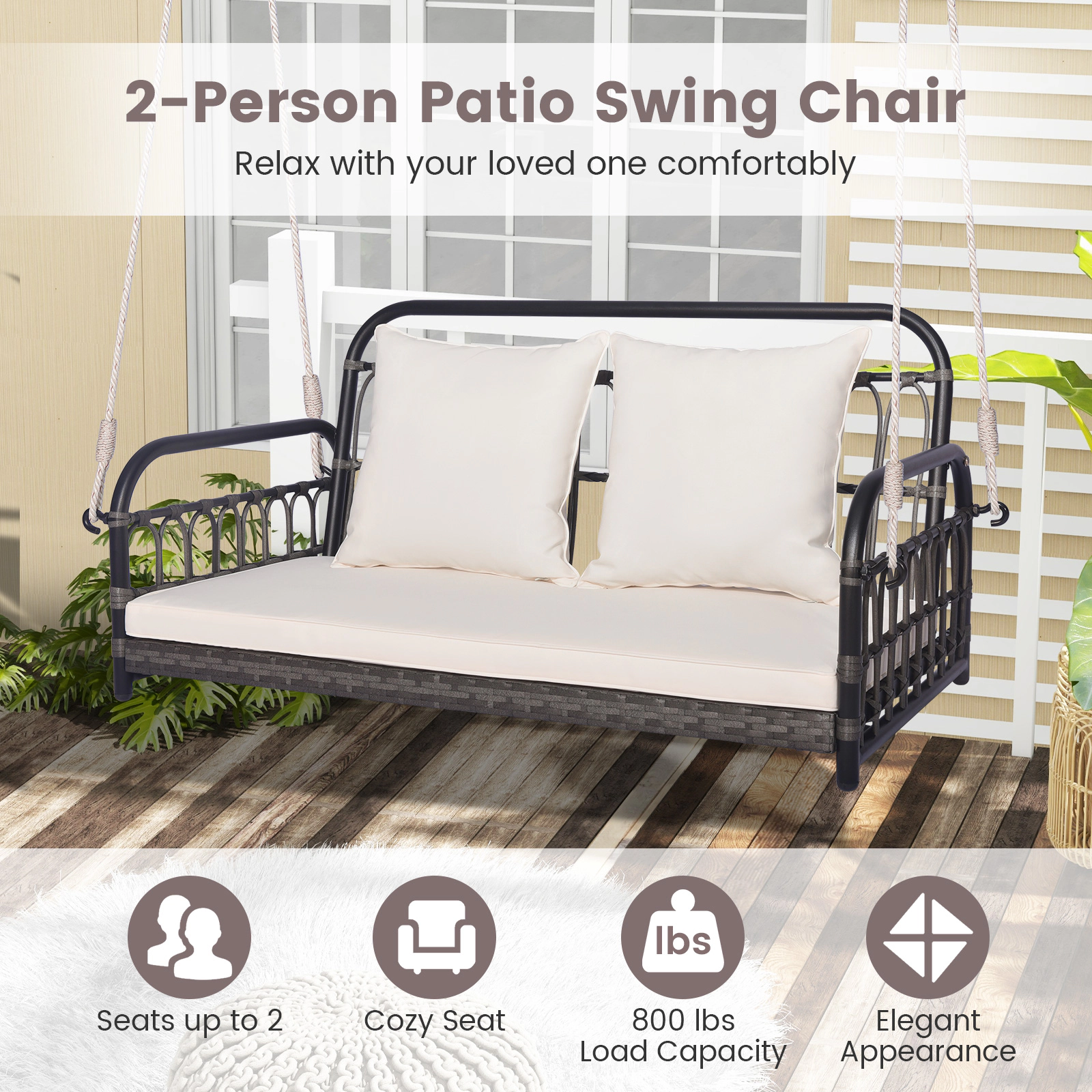 SUGIFT 2-Person Outdoor Hanging Swing Chair with Cushions 880-lb Capacity Mix Gray Frame Off White Cushions