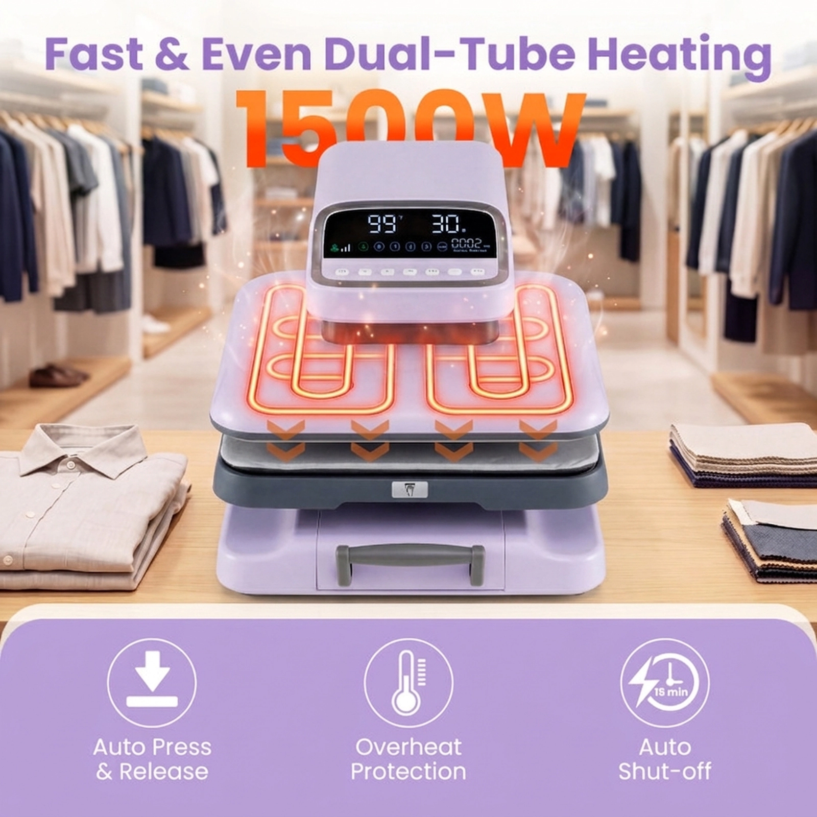 SUGIFT Purple Auto Release Heat Press Machine with 15-in Pressing Plate and Digital Panel 23-in W 15.5-in D 15-in H