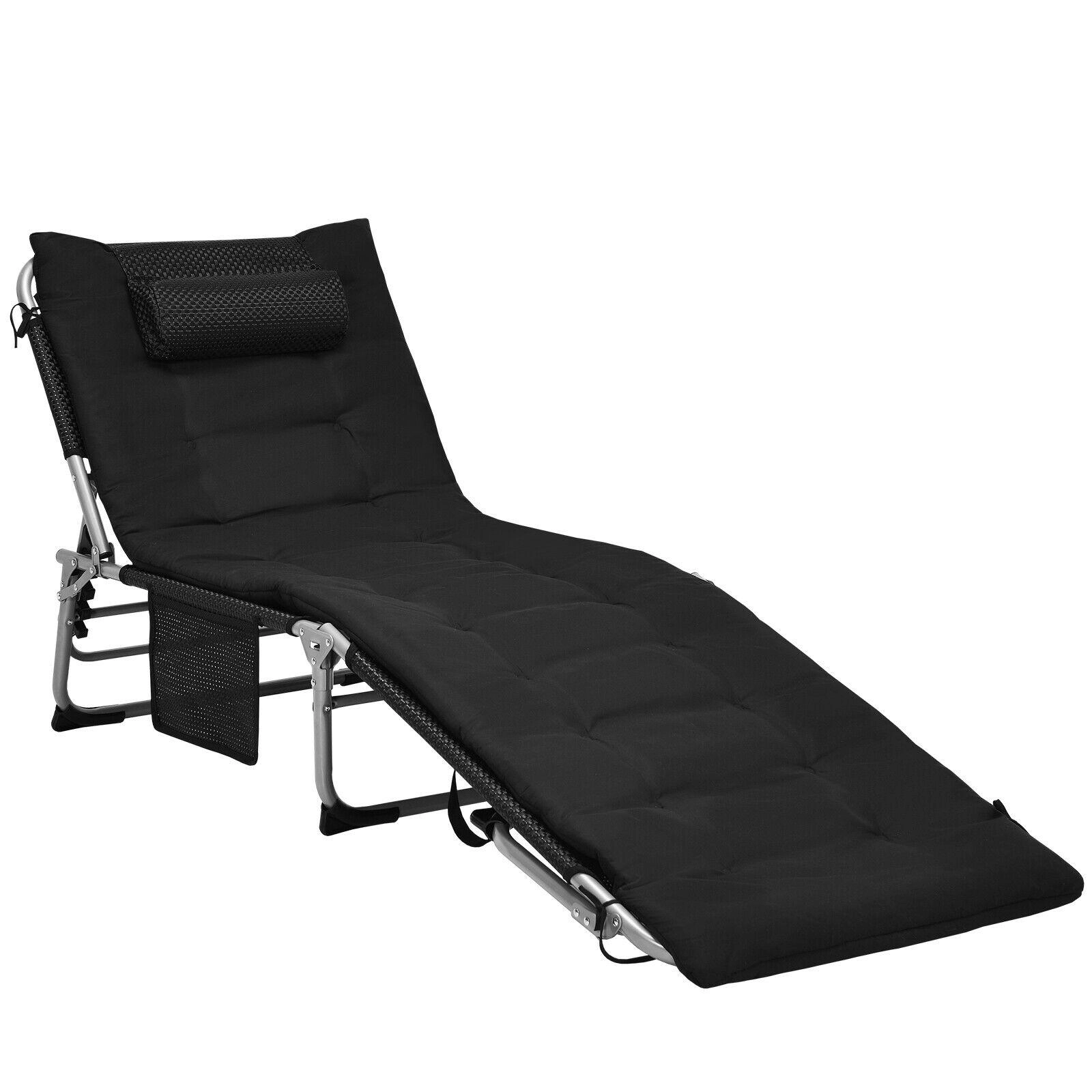 SUGIFT 4-Position Padded Folding Lounge Chair 330-Lb Capacity with Removable Soft Mattress & Neck Pillow Black/Beige
