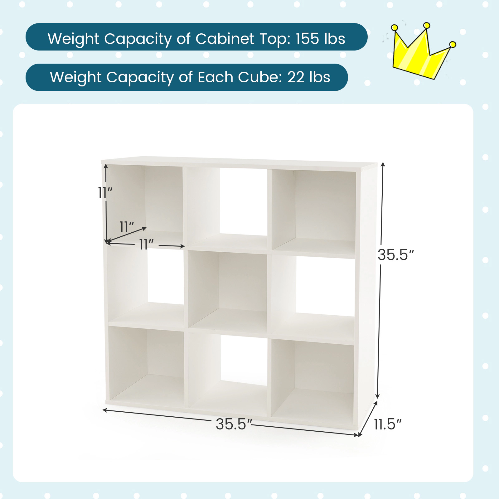SUGIFT Kids 9-Cube Storage Cubbies Anti-Toppling Wooden Toy Bookcase 35.5-in x 11.5-in x 35.5-in 155-lb Top White