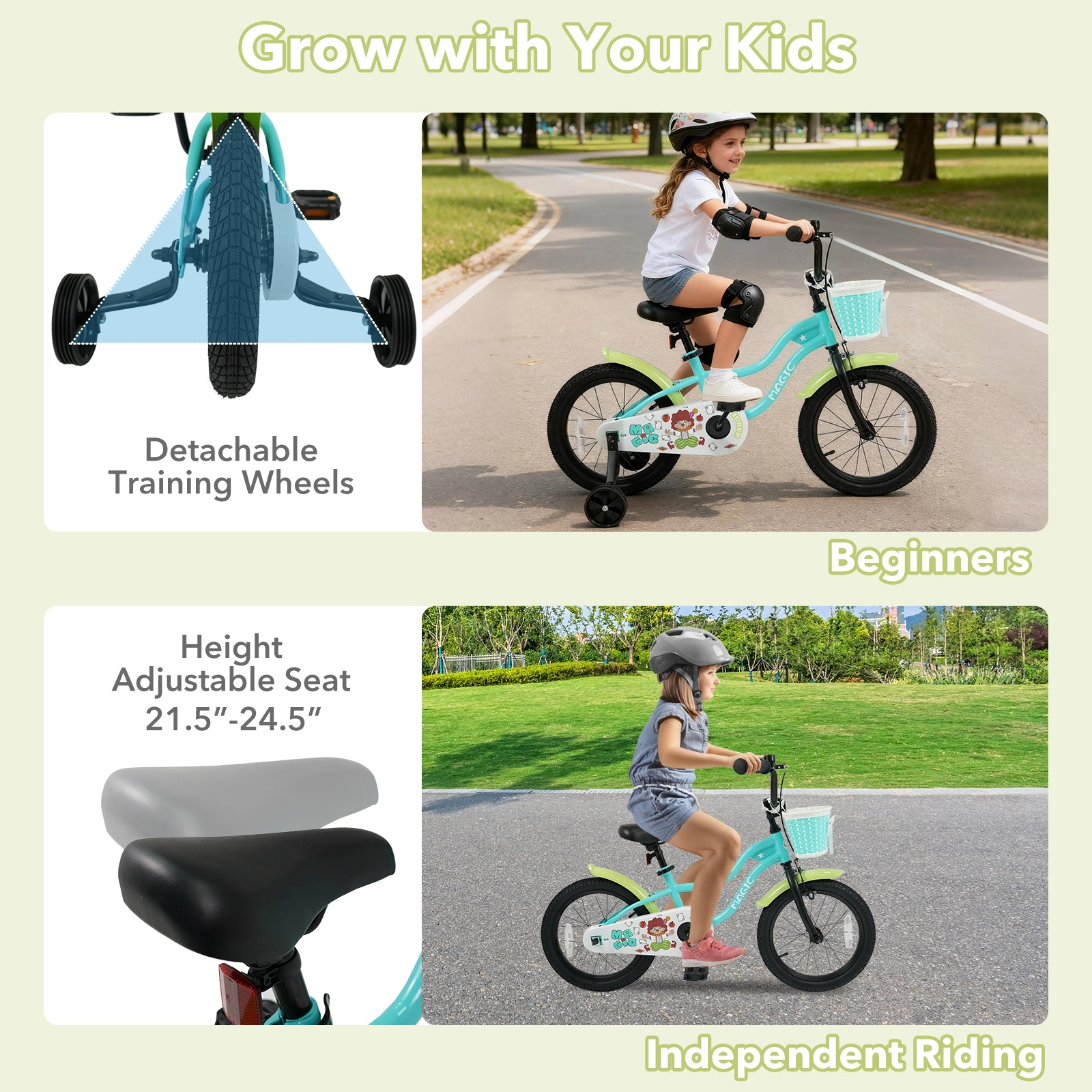 SUGIFT Adjustable 16-In Kids Bicycle with Training Wheels, Hand and Coaster Brakes 110-lb Capacity Ages 4-7 Years Green