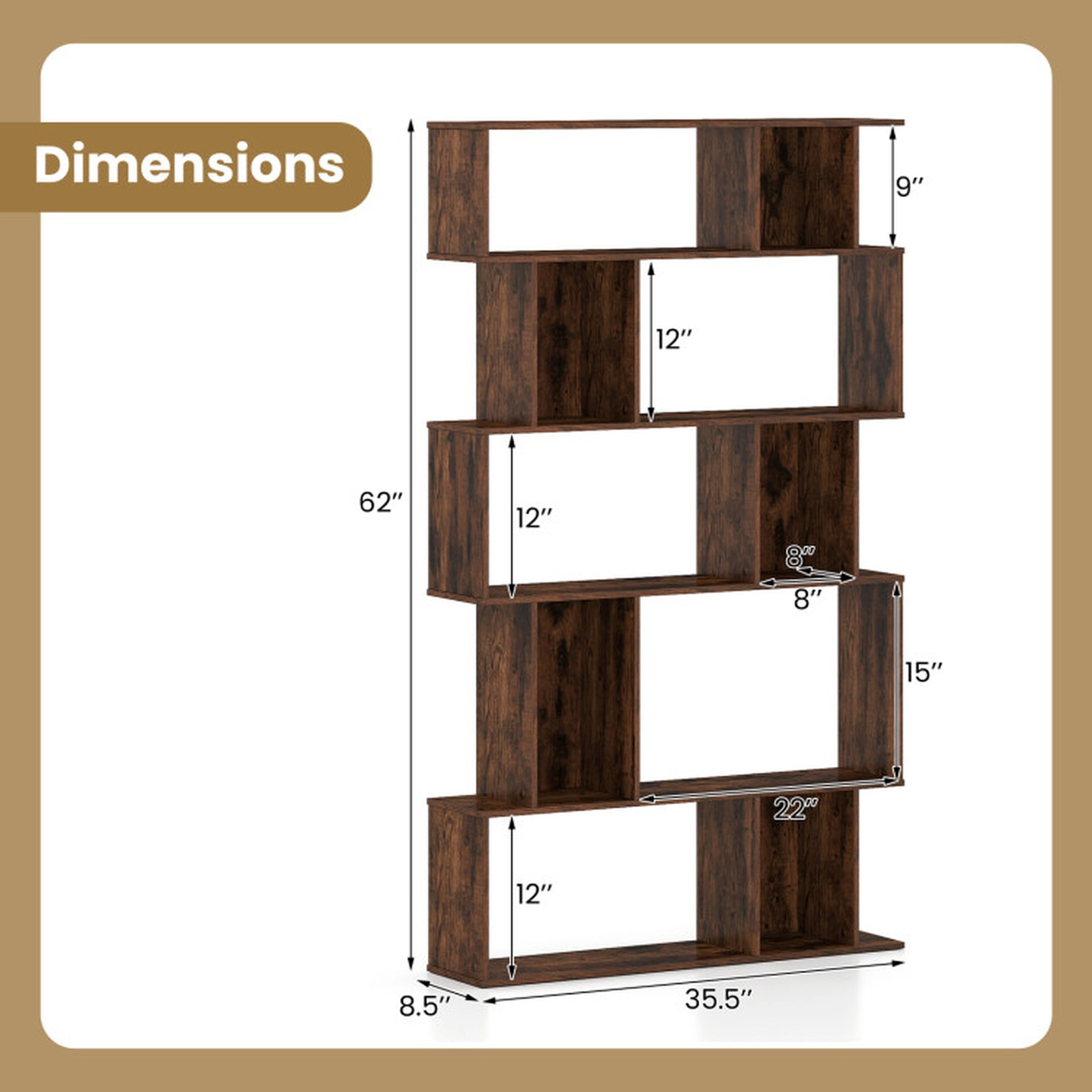 SUGIFT Set of 2 5-Tier Geometric S-Shaped Closed-Back Cubes Bookshelves 35.5-in x 8.5-in x 62-in 200-lb Capacity Brown