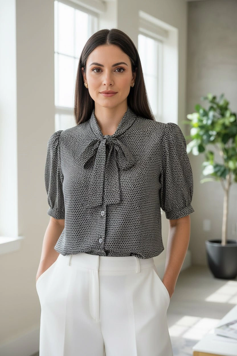 DressAtR Women's Tie Neck Button Front Elbow Sleeve Blouse