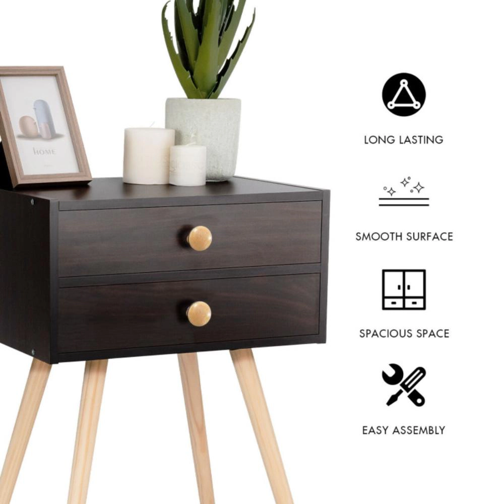 Hivvago Mid Century Modern 2 Drawers Nightstand in Natural