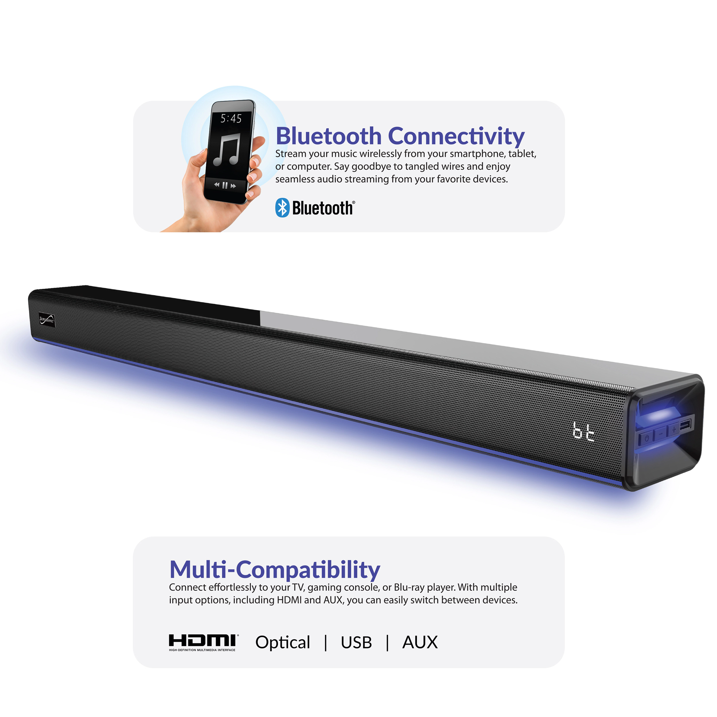 SuperSonic 2 Channel Bluetooth Soundbar with Ambient Lighting