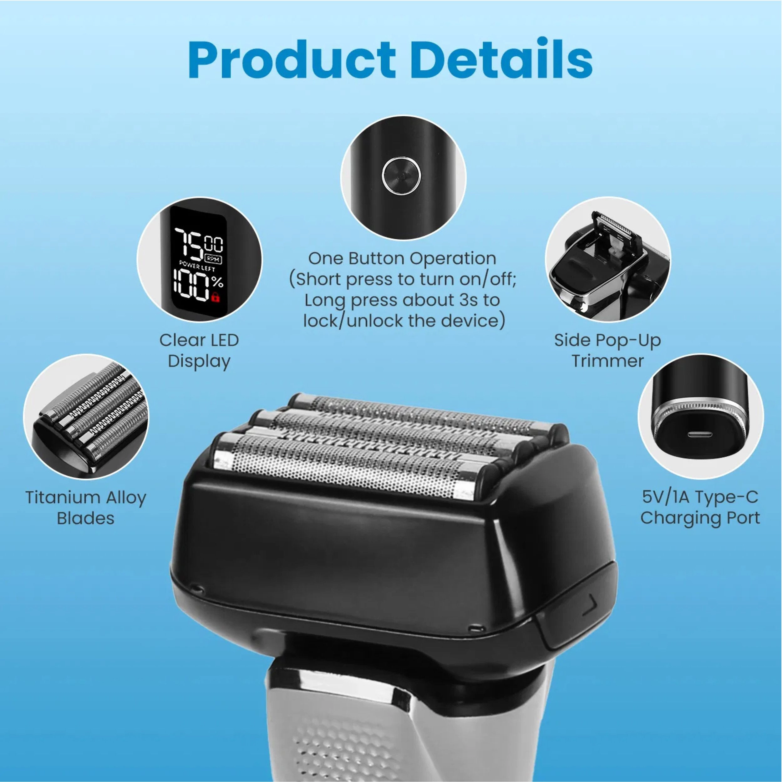 SS Design Men's 5 Blade Electric Foil Face Shaver Waterproof Black