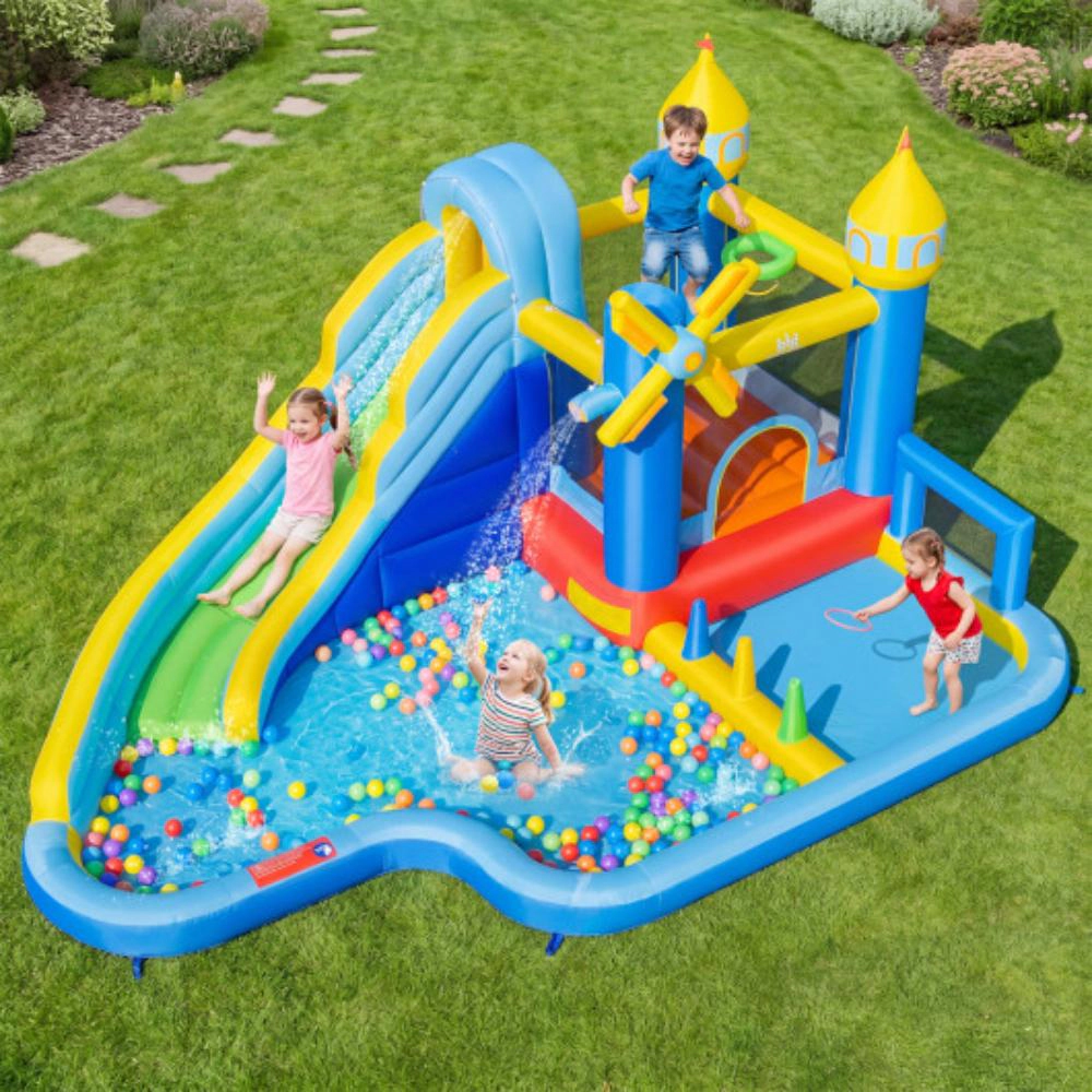 Hivvago Windmill-themed Inflatable Water Slide Park with Jumping Area and Blower