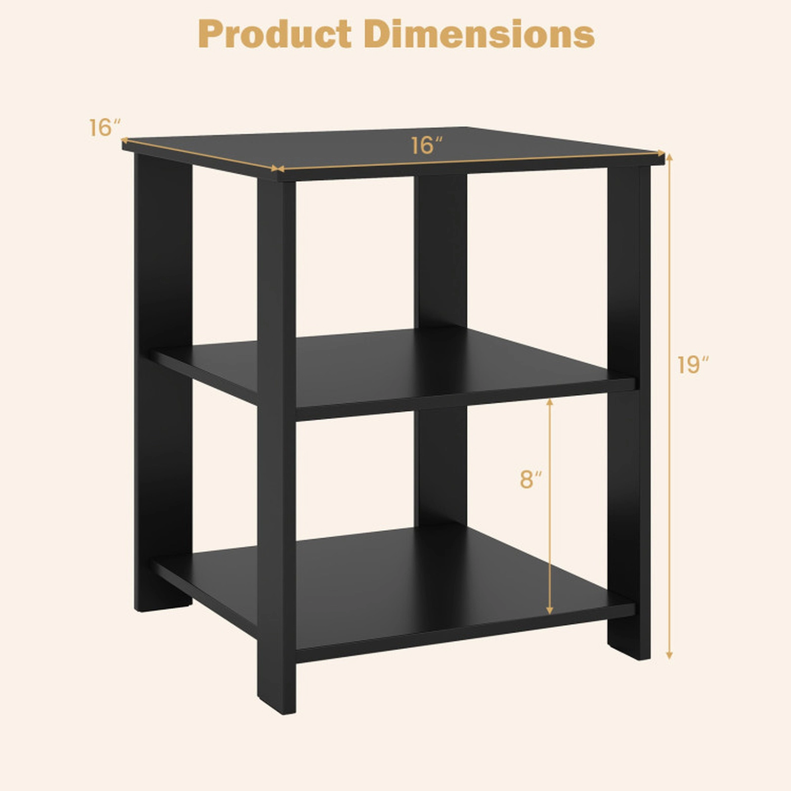 SUGIFT Open Shelves Set of 2 Black 3-Tier Modern Nightstands Square Side Tables
