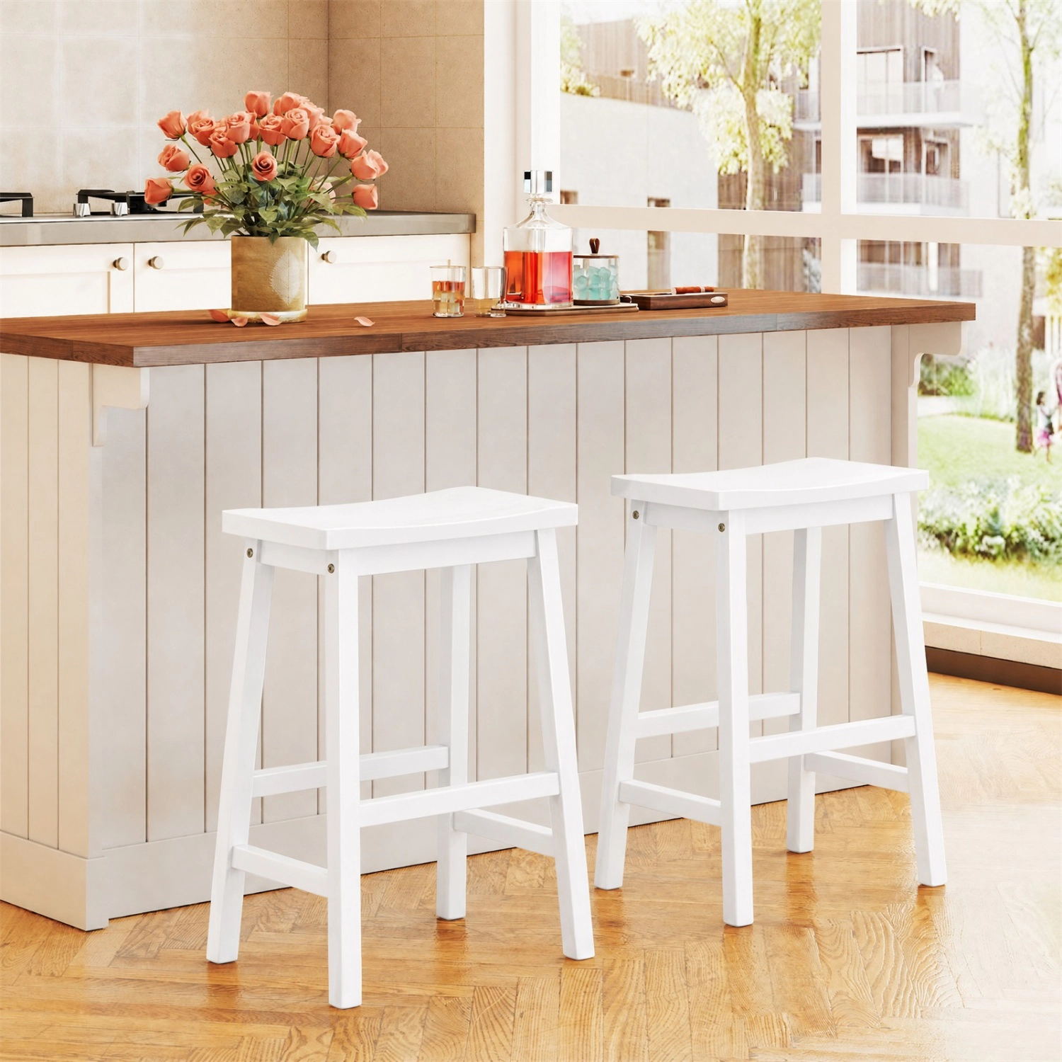 LJG Set of 2 Saddle-Seat Counter Height Stools with Curved Seat and Footrests