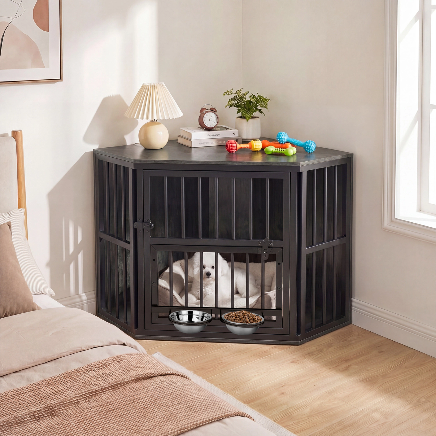 SUGIFT 35.5-in Corner Wooden Dog Kennel End Table Pet Crate with 3-Position Bowl Rack 110-lb Capacity Brown/Oak+Black