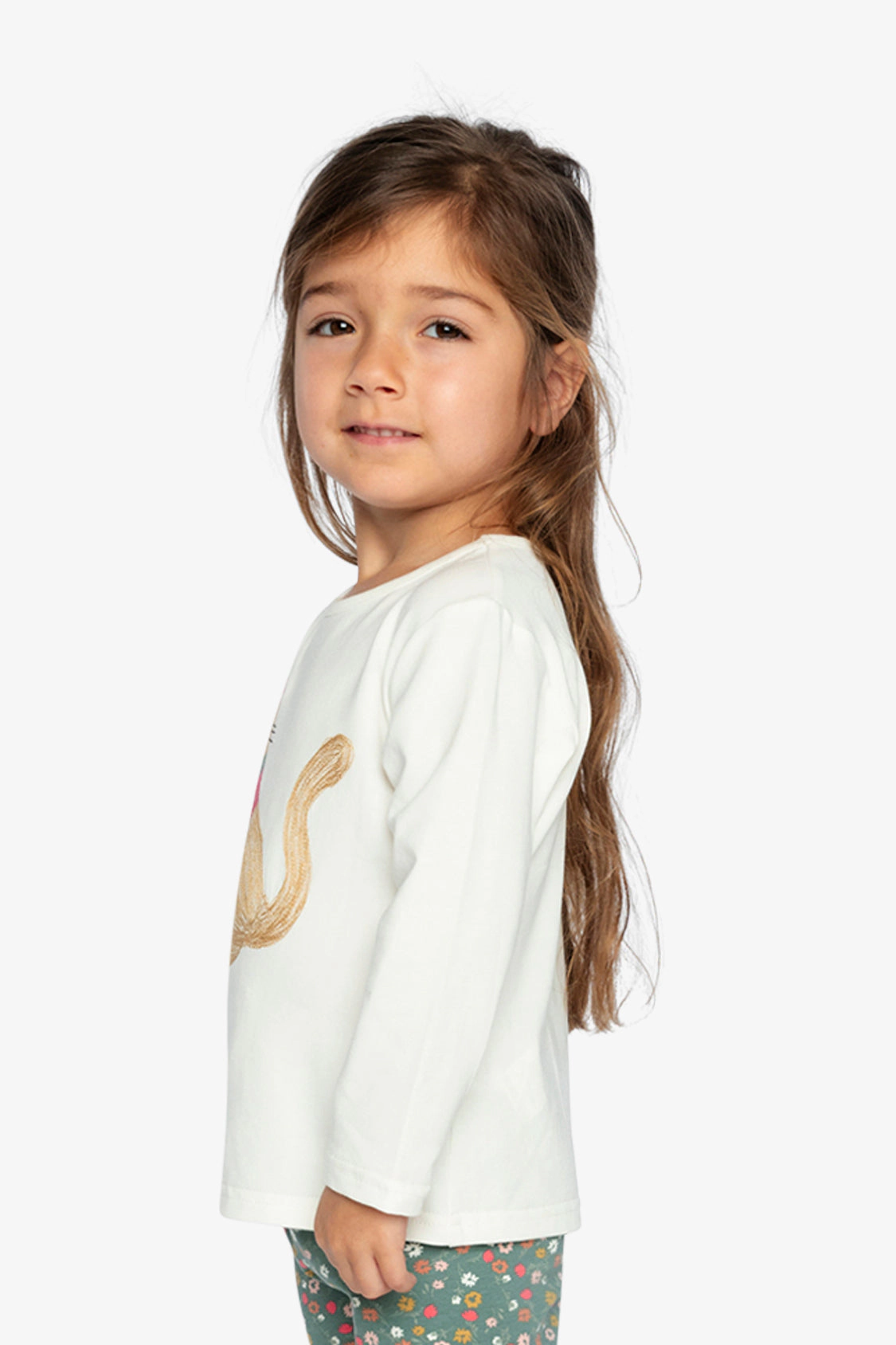 Deux par Girls Embroidered Cat Organic Cotton Long Sleeve T-Shirt