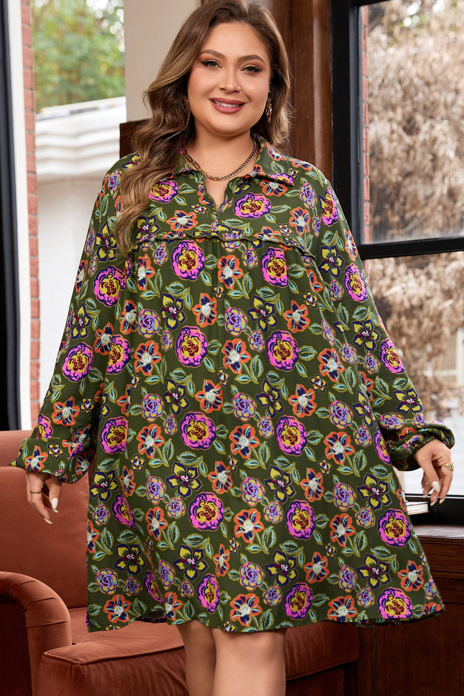 Threaded Pear Women's Lorelai Collared Loose Mini PLUS Dress
