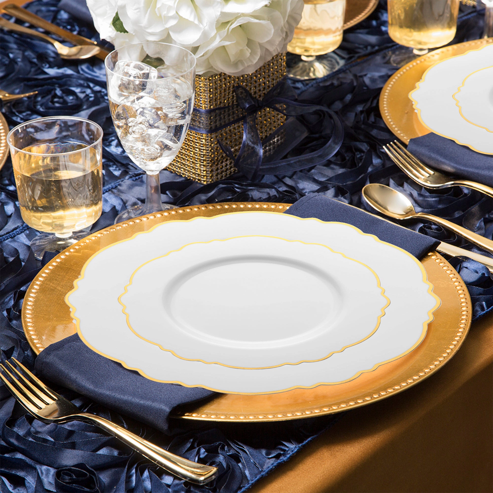 Smarty Had A Party White with Gold Rim Round Blossom Disposable Plastic Wedding Value Set