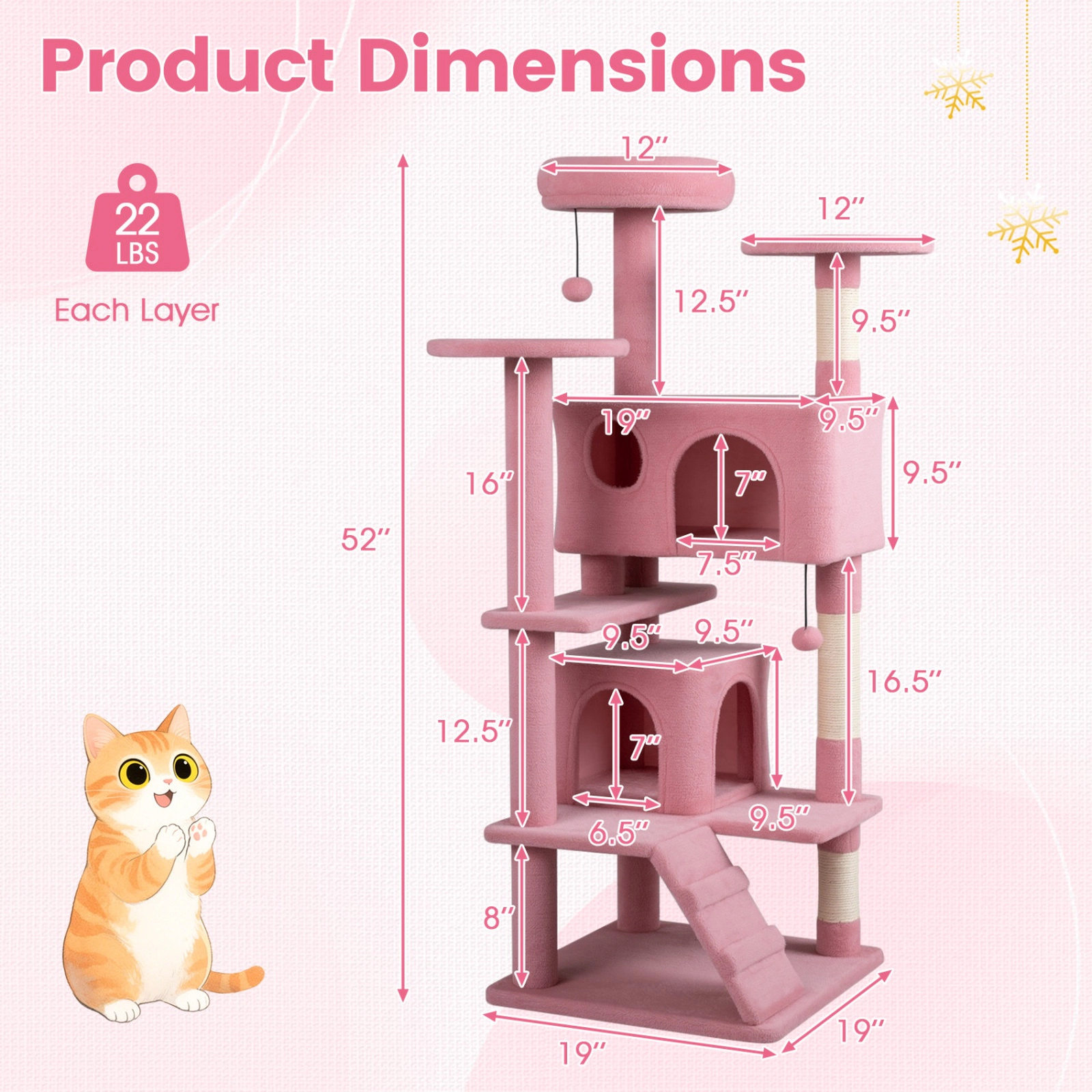 SUGIFT 52-in Pink Cat Tree Tower with Thick Padded 12-in Top Perch 2 Caves and Sisal Posts for Indoor Cats